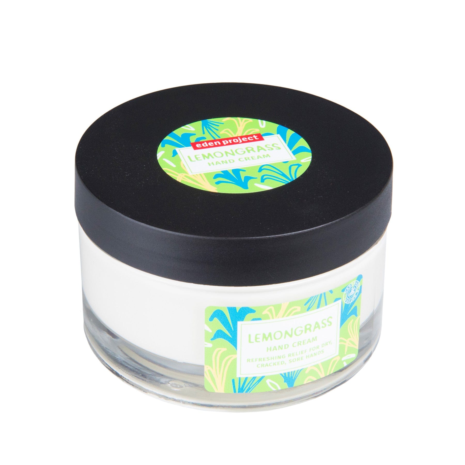 Lemongrass hand cream jar with green and blue label, Eden Project skincare product, natural moisturizer for dry hands