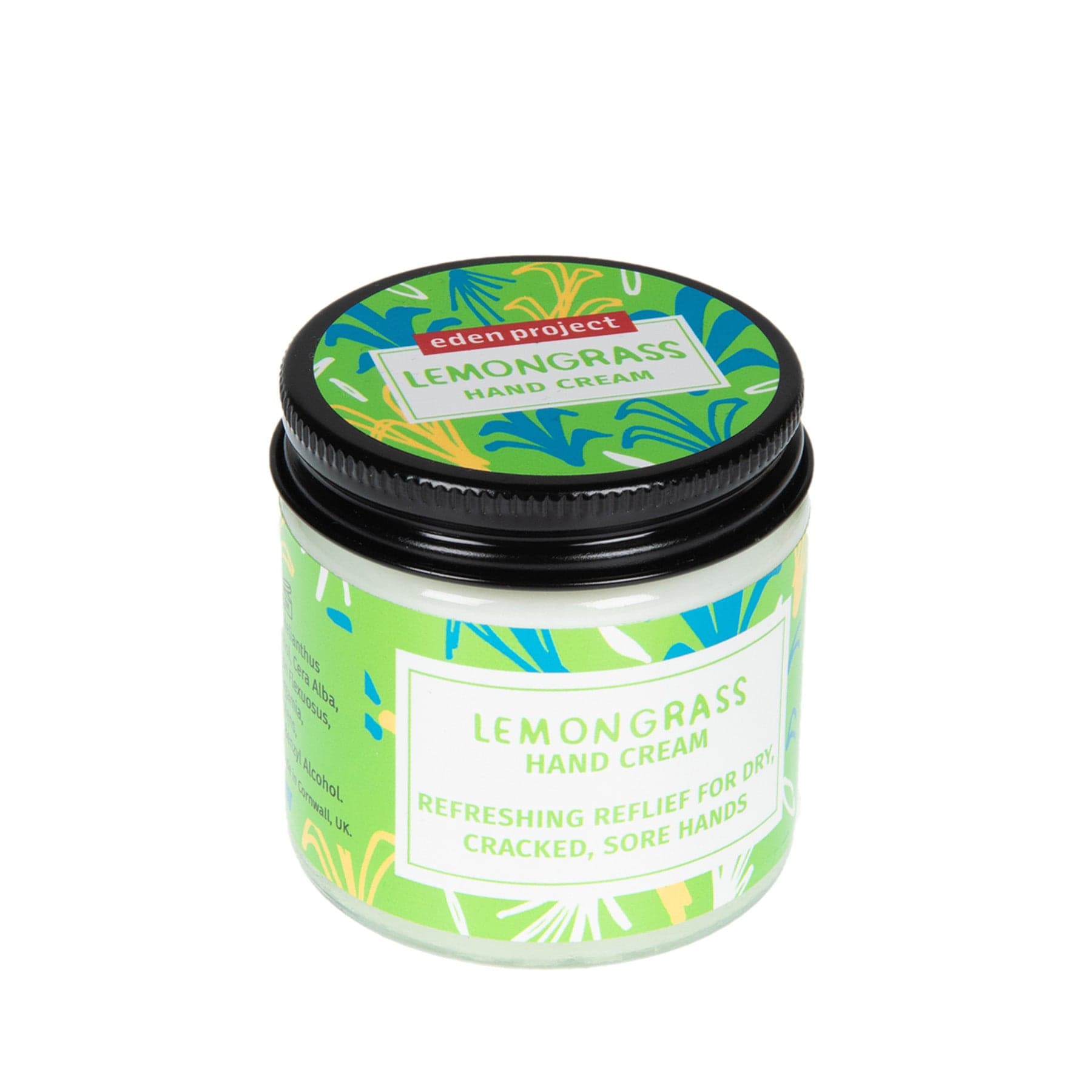 Lemongrass hand cream in a jar with green and tropical pattern label, Eden Project branded skin care product for dry hands.