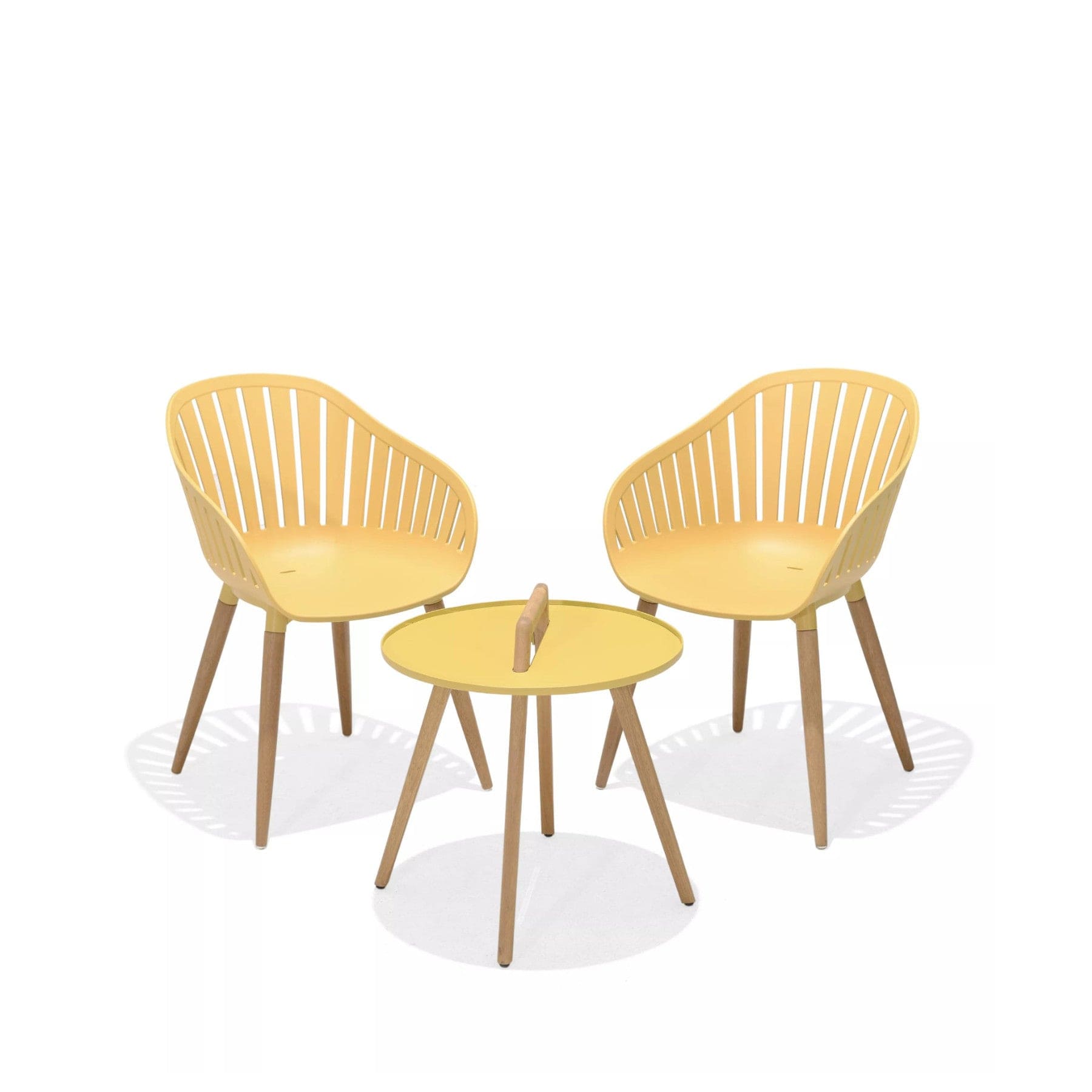 Modern yellow outdoor furniture set with two chairs and a round table on a white background