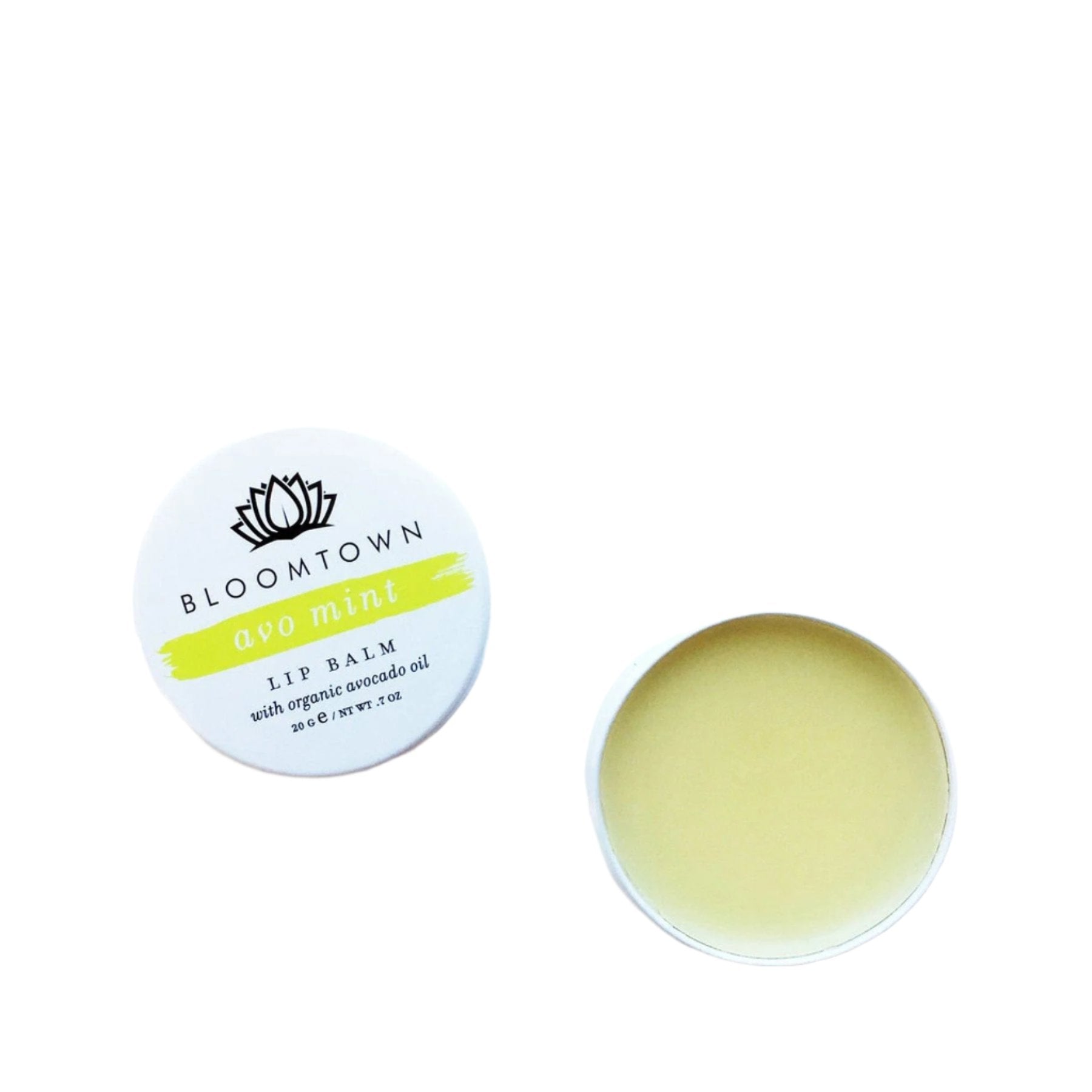 Organic Bloomtown Avo Mint lip balm with avocado oil, open tin showing product, white background, natural skincare, vegan lip care