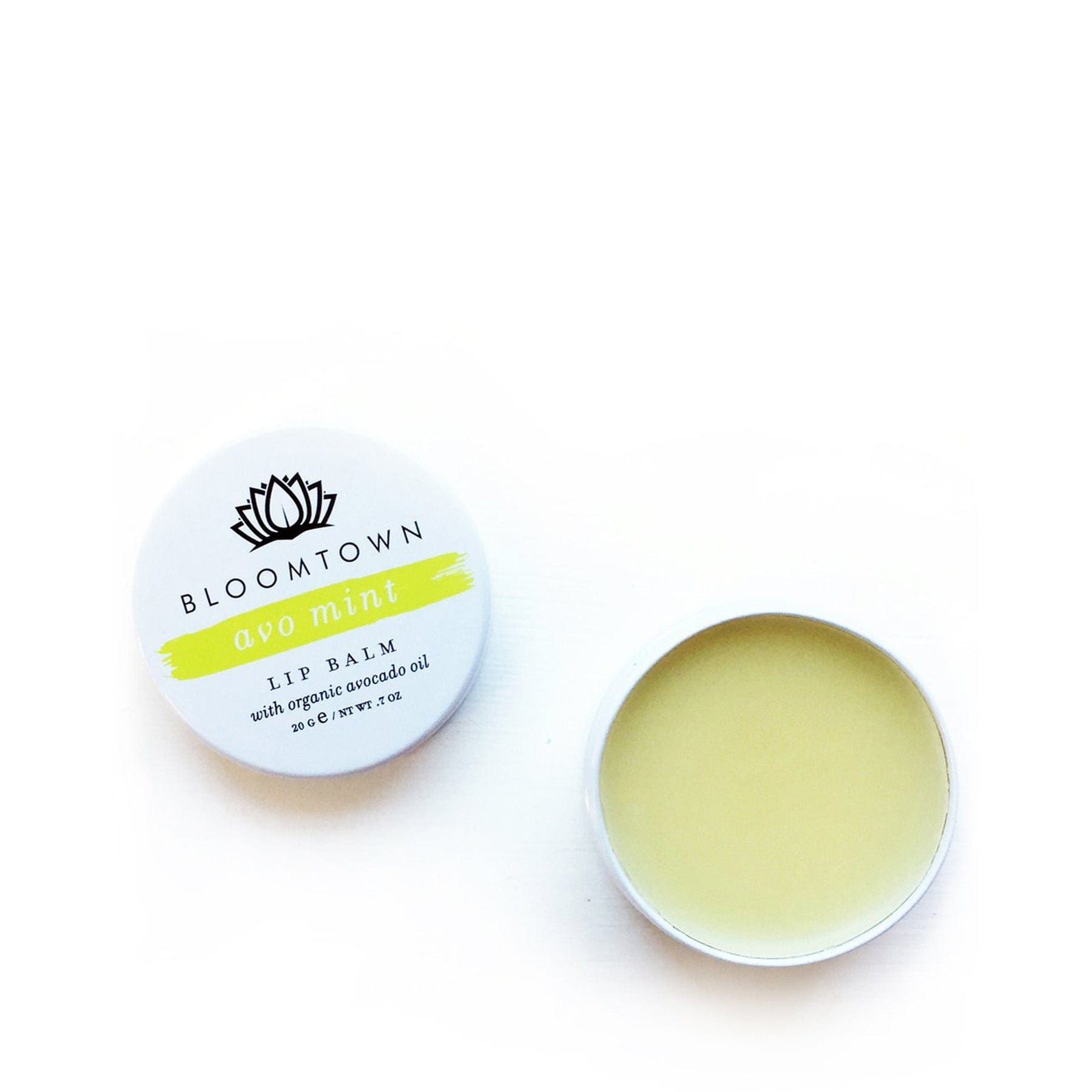 Organic Bloomtown Avo Mint lip balm with avocado oil, open tin showing product, white background, natural skincare, vegan lip care