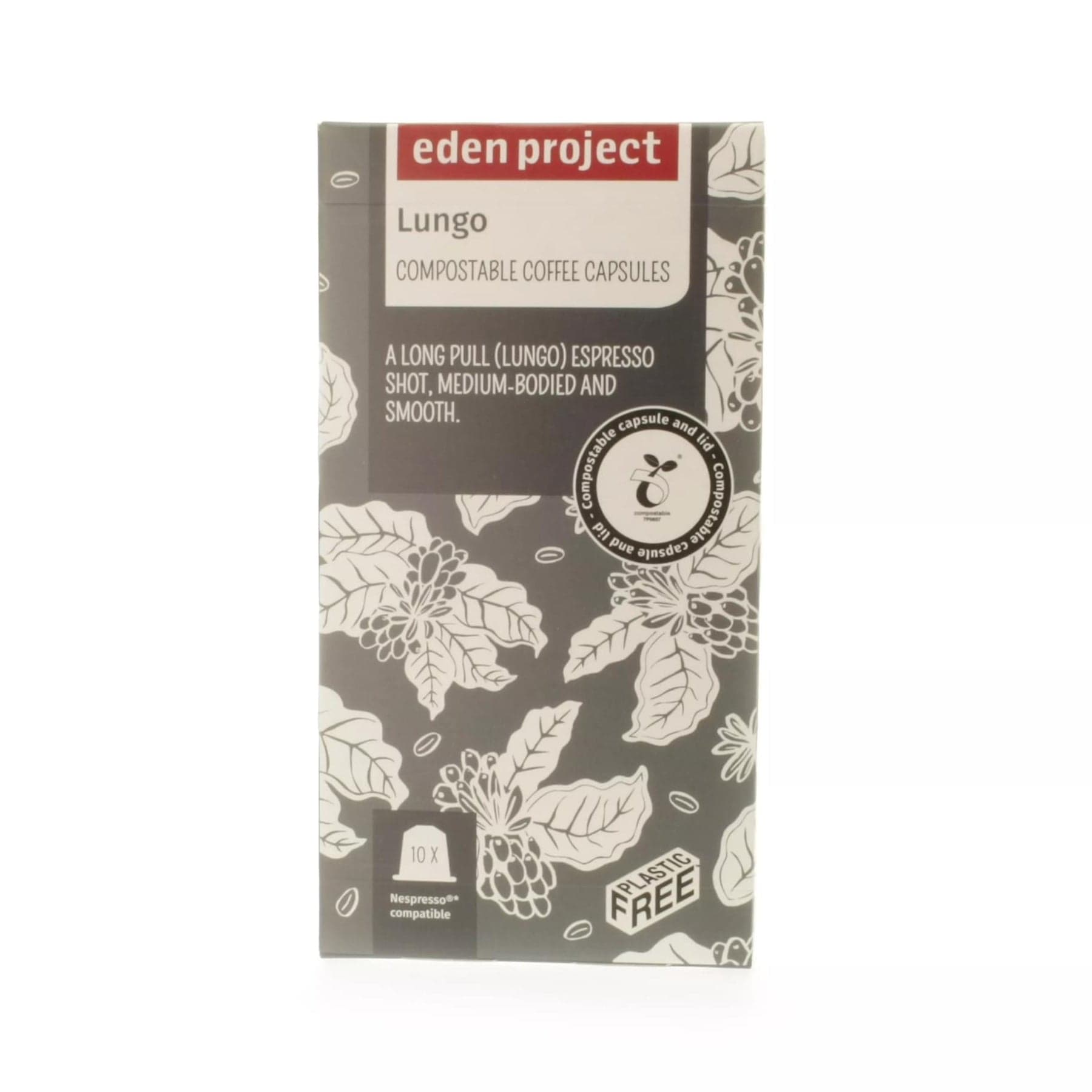 Eden Project Lungo compostable coffee capsules packaging with floral design, labeled as medium-bodied and smooth, Nespresso compatible, 10x, plastic-free.