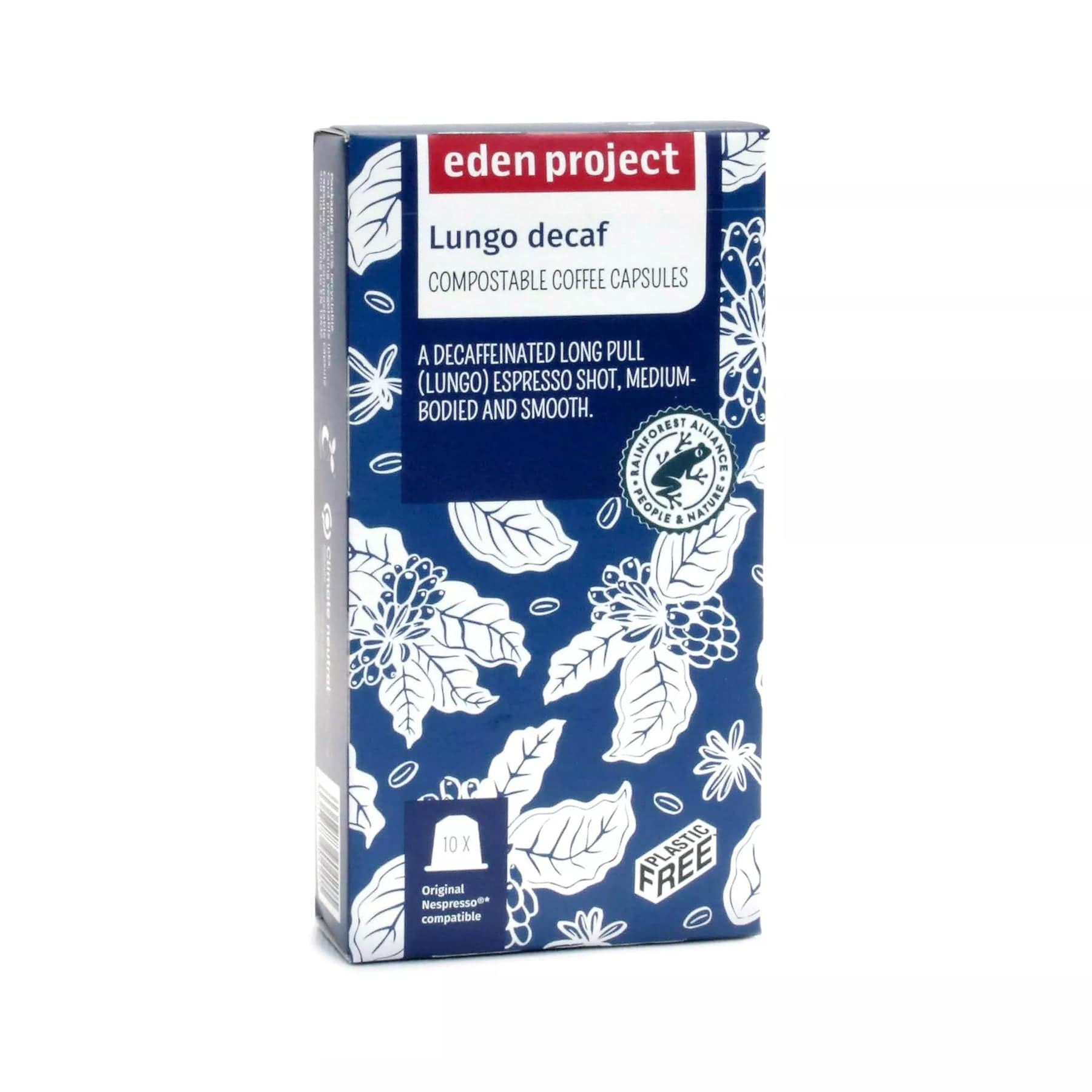 Eden Project Lungo Decaf Compostable Coffee Capsules packaging, decaffeinated espresso, biodegradable, Nespresso compatible, 10 count box with eco-friendly design.