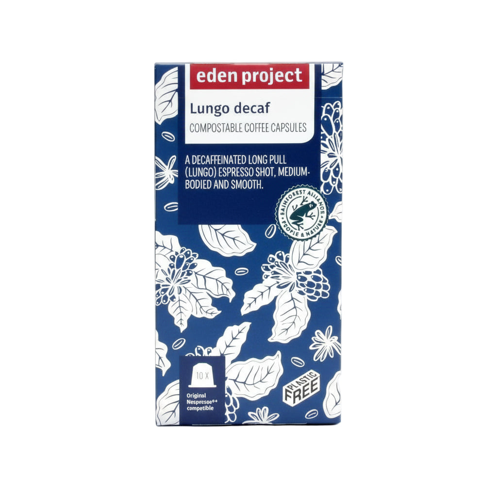 Eden Project Lungo Decaf Compostable Coffee Capsules packaging, decaffeinated espresso, biodegradable, Nespresso compatible, 10 count box with eco-friendly design.