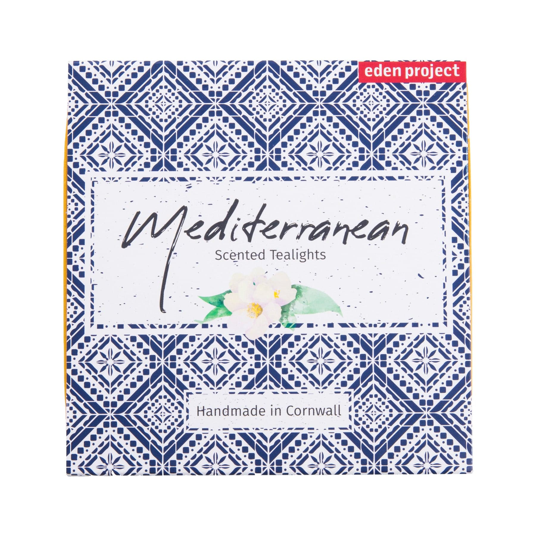 Eden Project Mediterranean Scented Tealights packaging with geometric blue and white design, labeled Handmade in Cornwall.