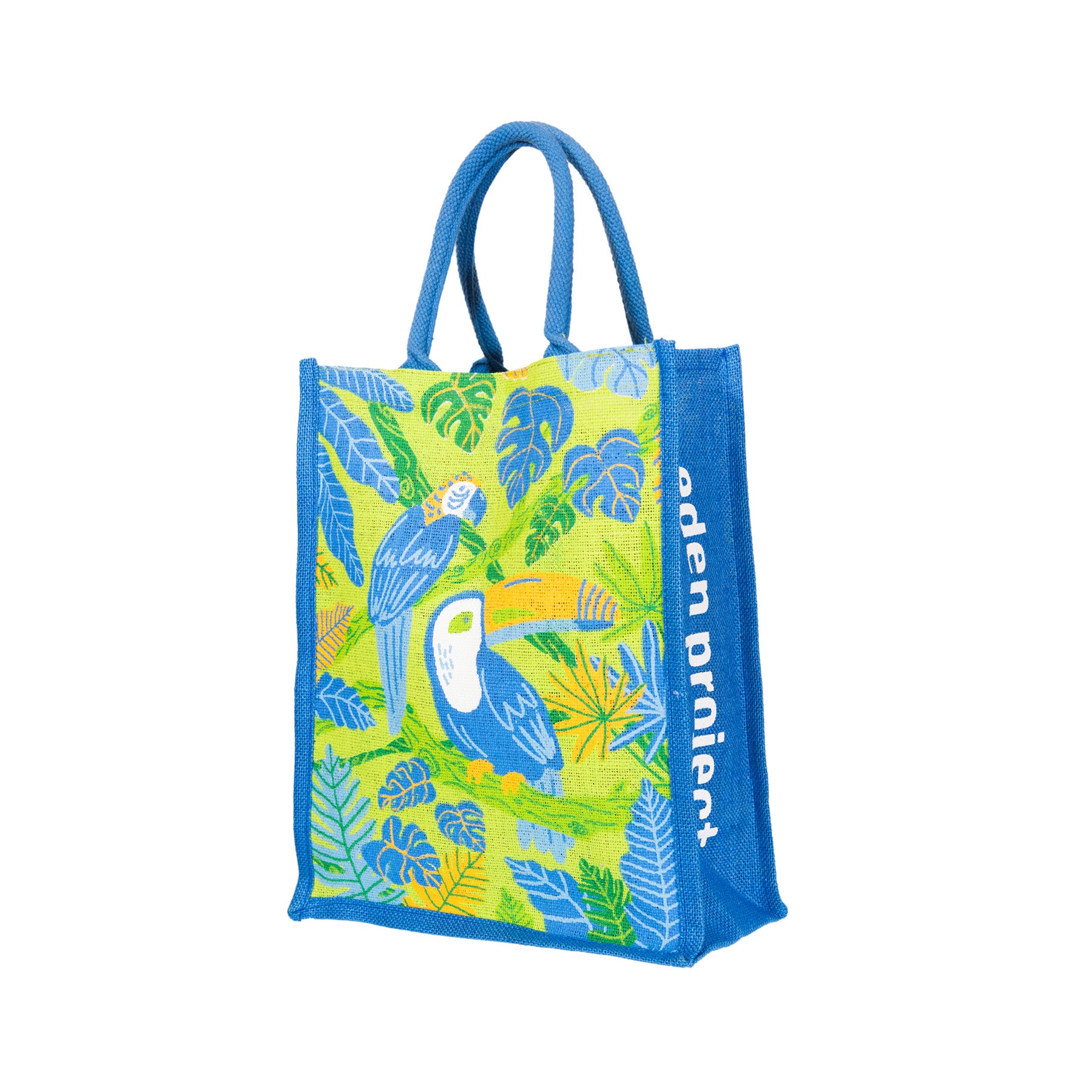 Blue reusable tote bag with tropical bird and foliage print, eco-friendly shopping bag with toucan and palm leaves design, vibrant color fabric tote for groceries and everyday use
