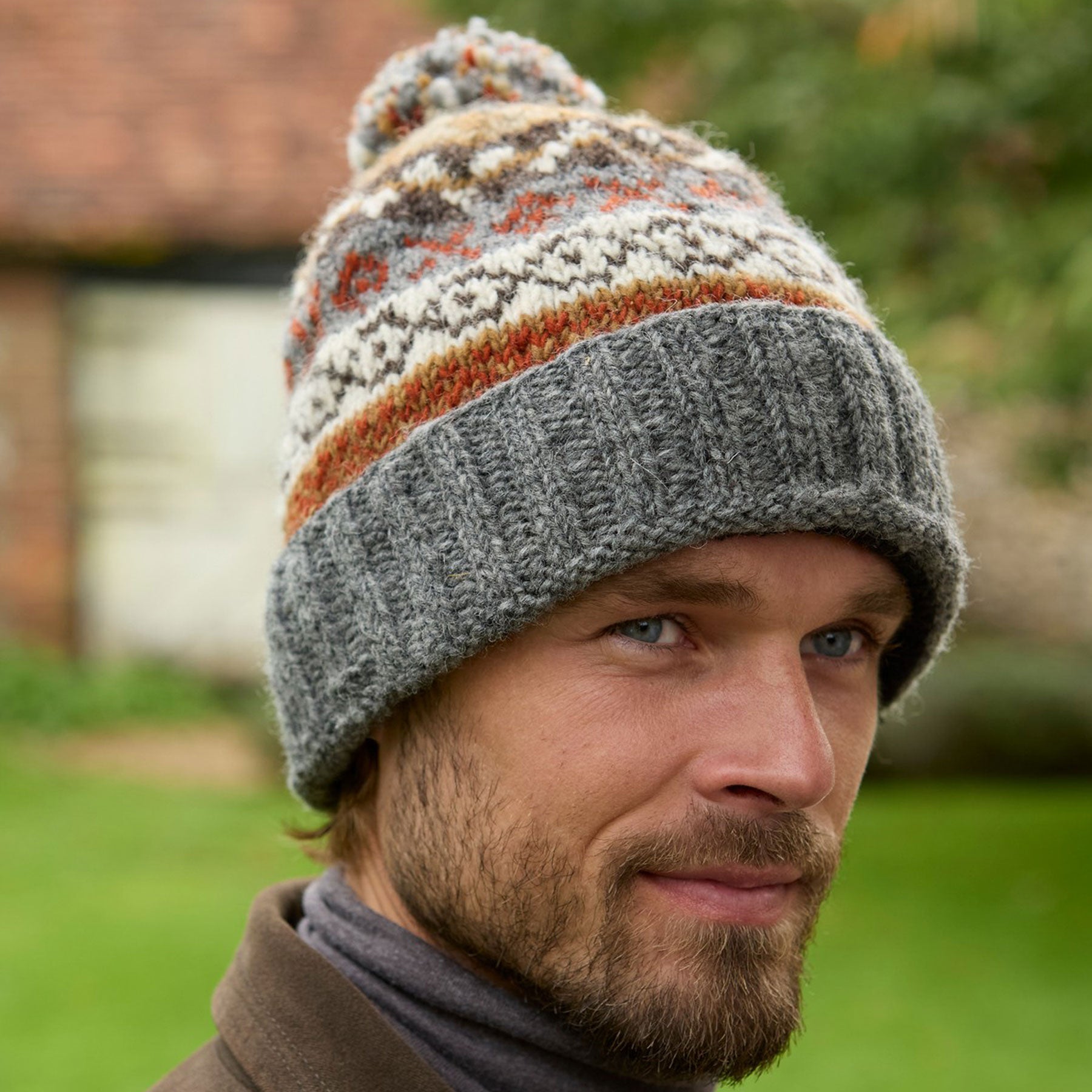 Mens classic fairisle grey bobble beanie