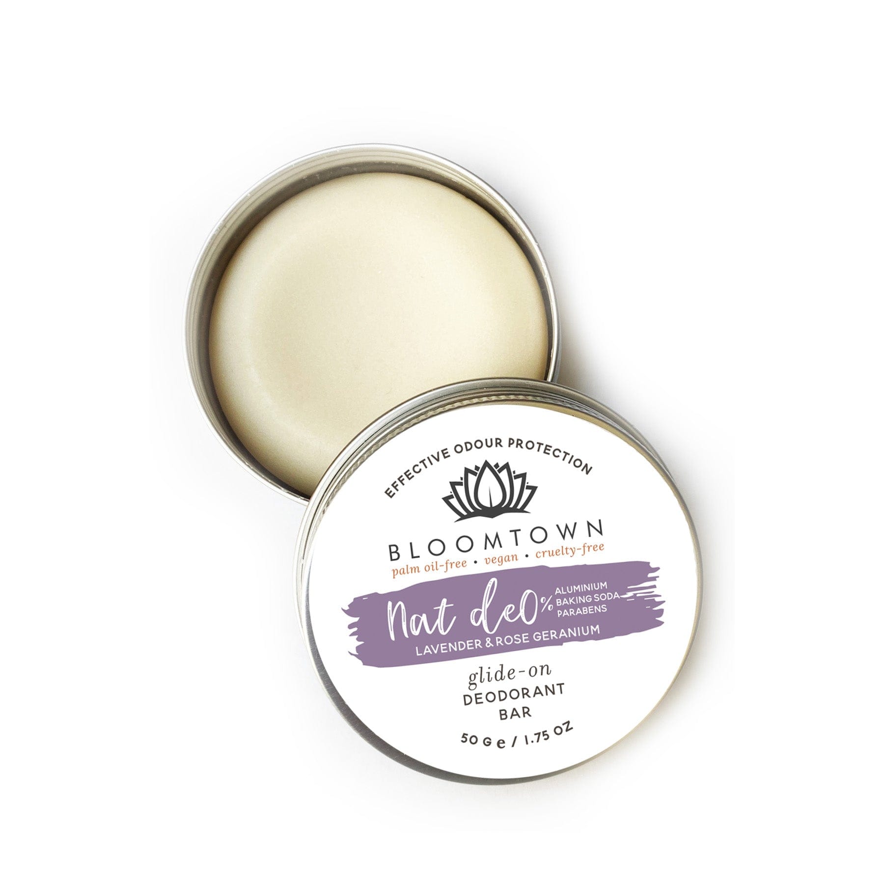 Natural deodorant Bloomtown Lavender & Rose Geranium in open tin container, aluminum-free, baking soda-free, paraben-free, palm oil-free, vegan, cruelty-free, effective odor protection, glide-on deodorant bar 50g.