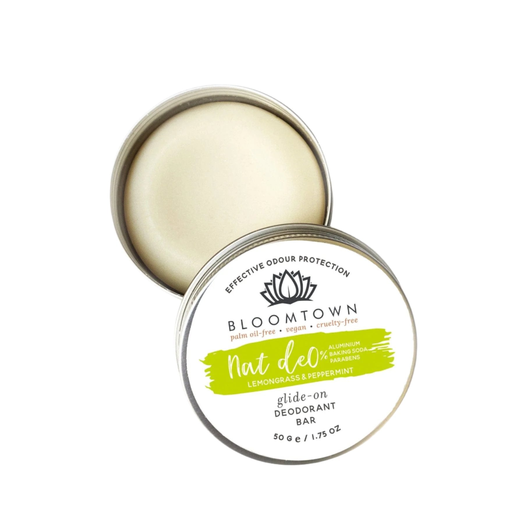 Bloomtown natural deodorant in open tin, vegan and cruelty-free, lemongrass and peppermint scent, palm-oil free, aluminum-free, baking soda-free, plastic-free packaging