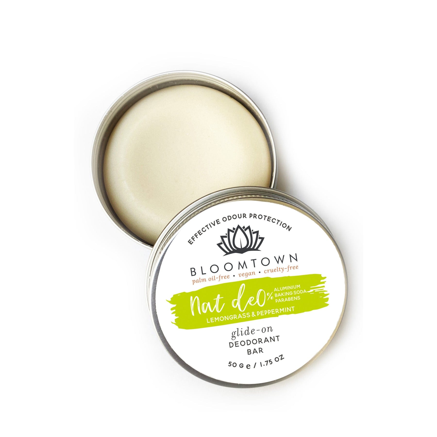 Bloomtown natural deodorant in open tin, vegan and cruelty-free, lemongrass and peppermint scent, palm-oil free, aluminum-free, baking soda-free, plastic-free packaging