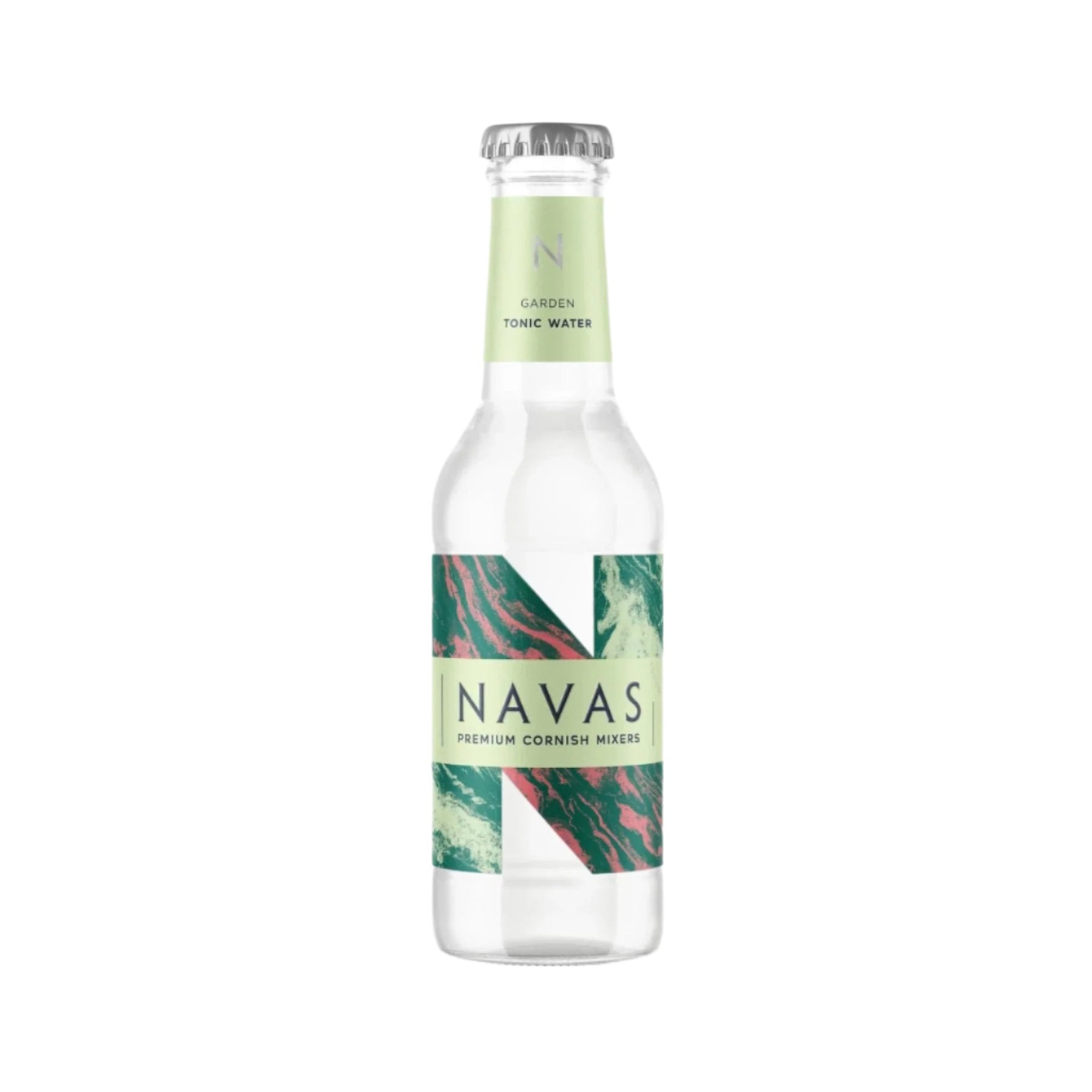 Clear glass bottle of Navas Garden Tonic Water with white and green label, premium Cornish mixers, isolated on white background.