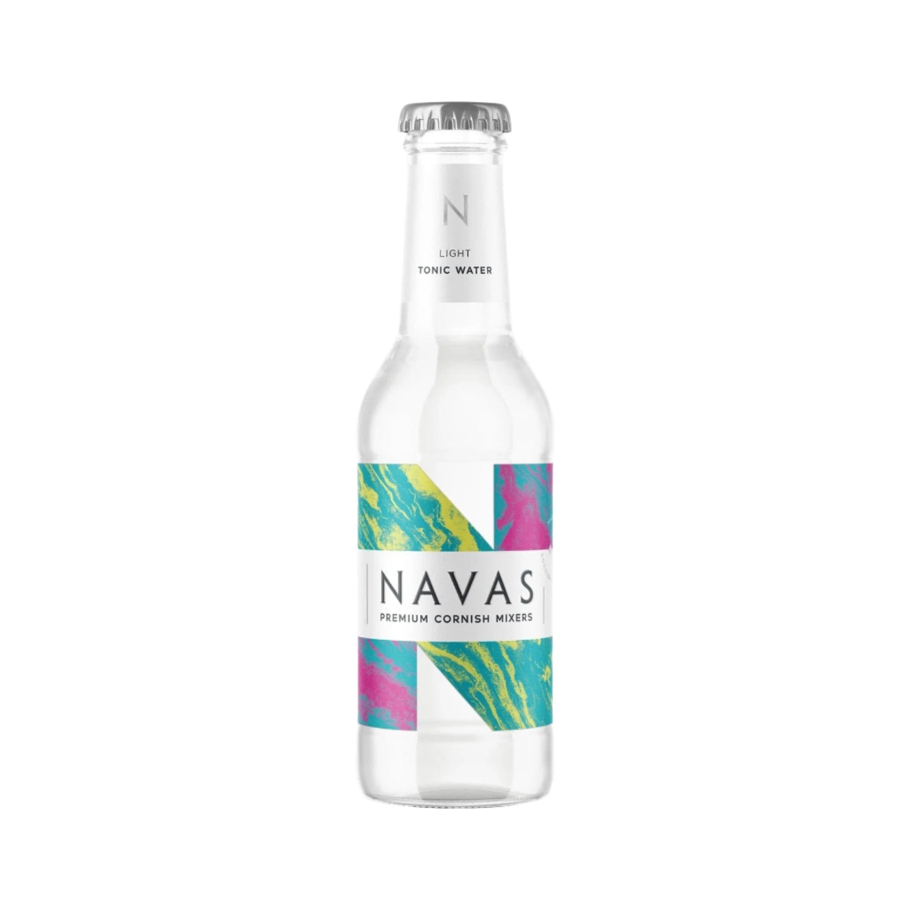 Clear glass bottle of Navas Light Tonic Water with colorful abstract label design, premium Cornish mixers branding, isolated on white background.