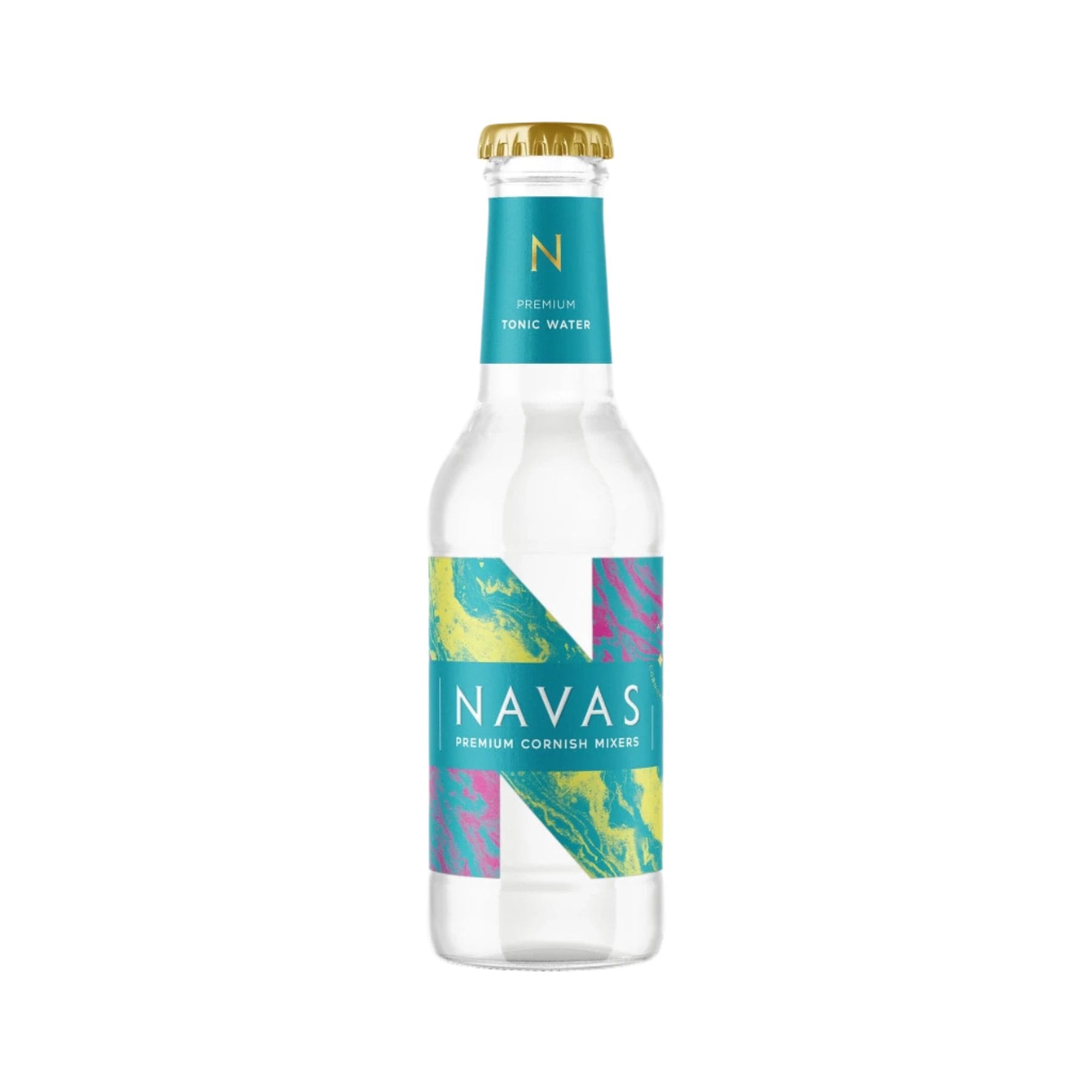 Navas premium tonic water bottle, clear glass bottle of carbonated drink, turquoise and pink abstract label design, gold-colored bottle cap, isolated on white background