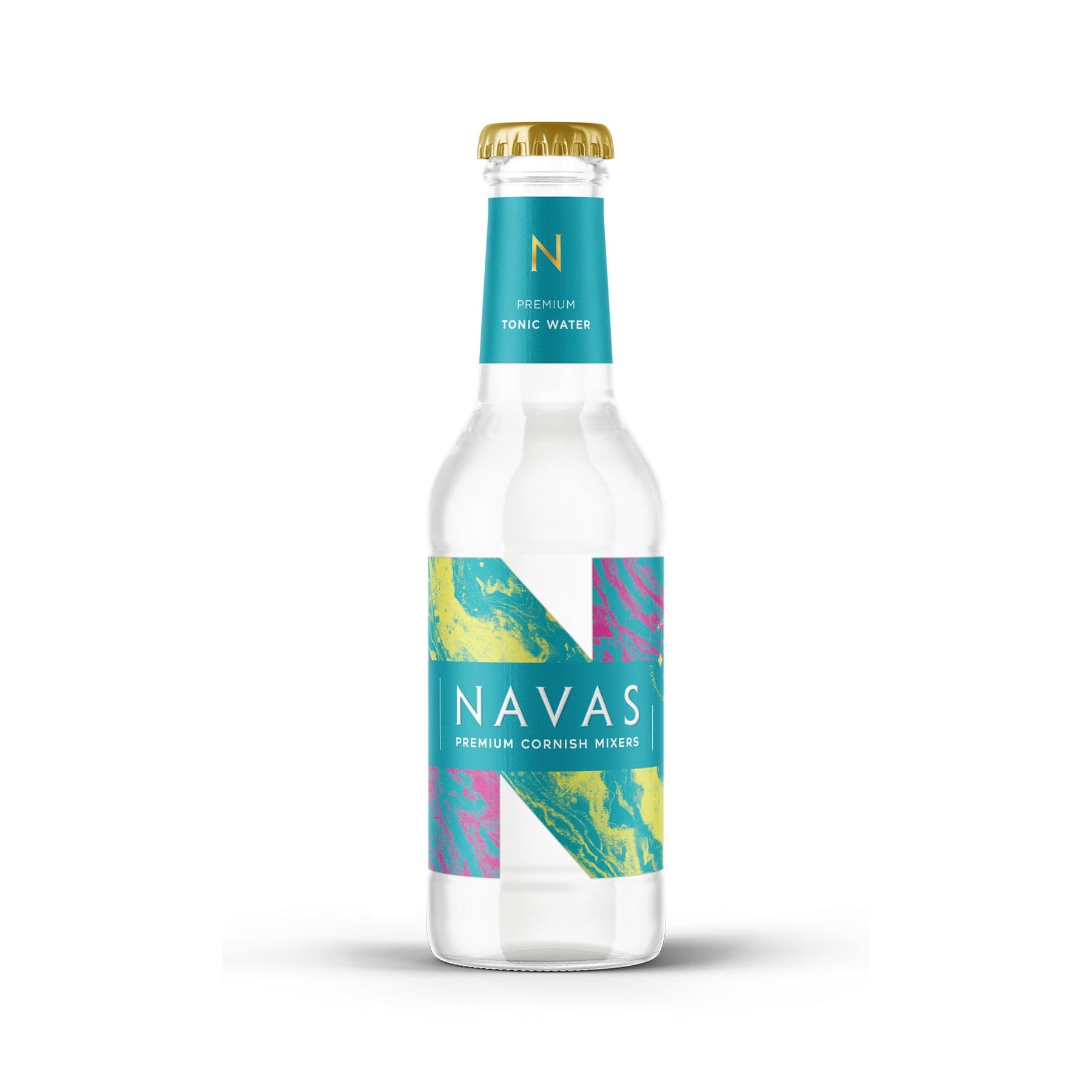 Navas premium tonic water bottle, clear glass bottle of carbonated drink, turquoise and pink abstract label design, gold-colored bottle cap, isolated on white background