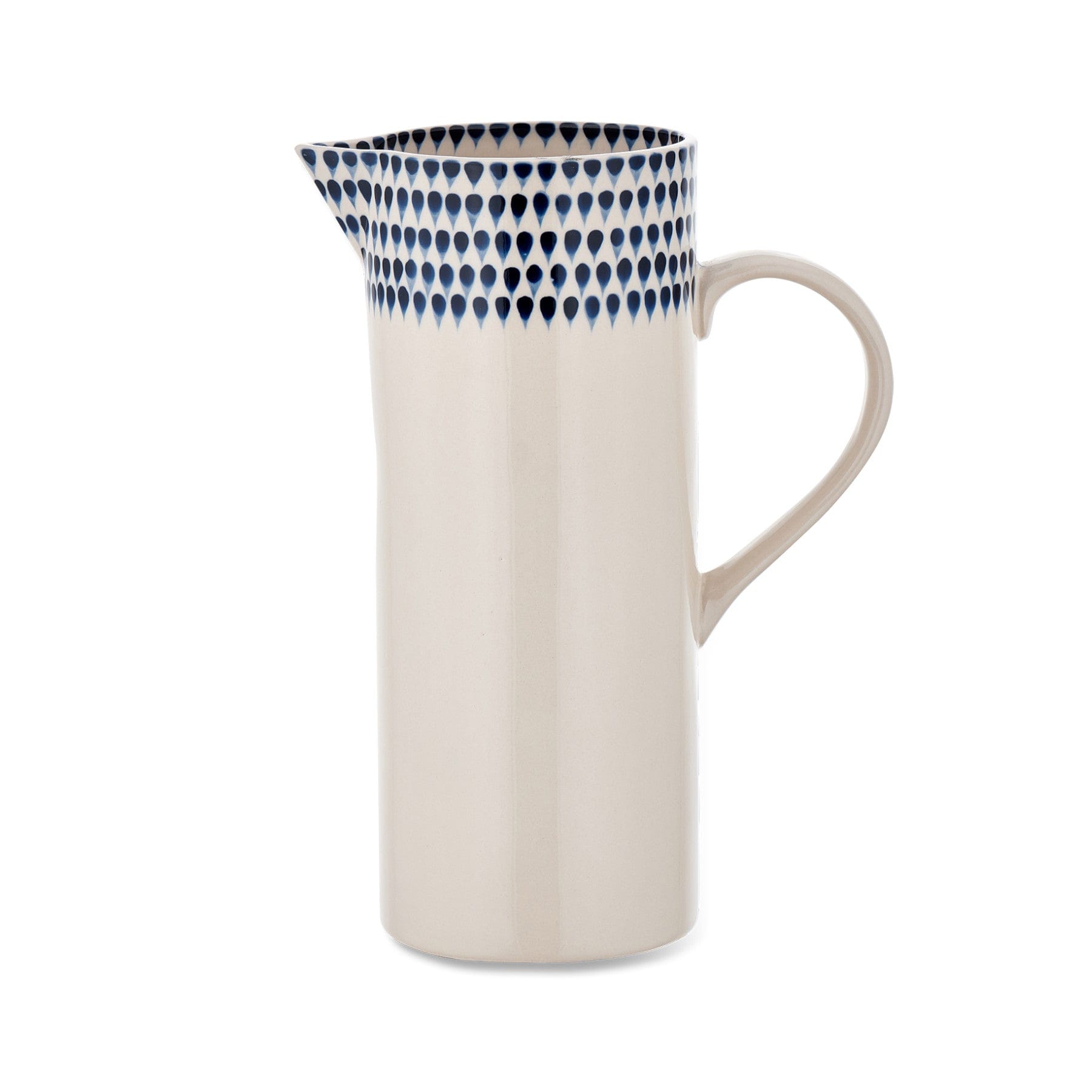 Tall ceramic pitcher with blue and white geometric pattern on upper half, isolated on white background.