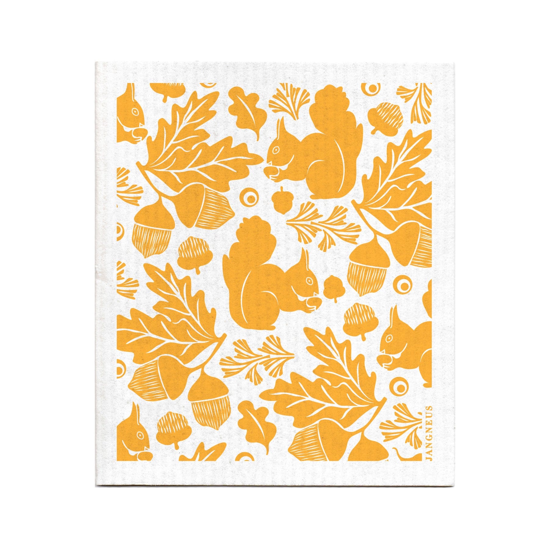 Autumn-themed illustration with squirrels, acorns, oak leaves, and foliage in orange print on a textured off-white background