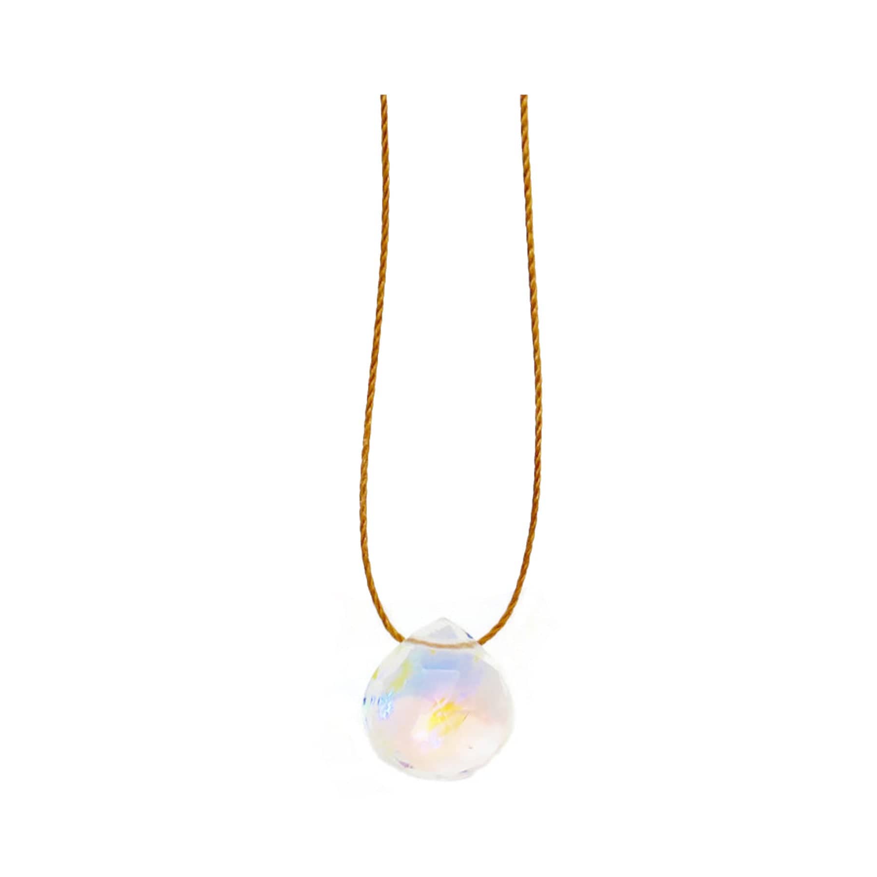Golden chain with iridescent crystal pendant on white background.