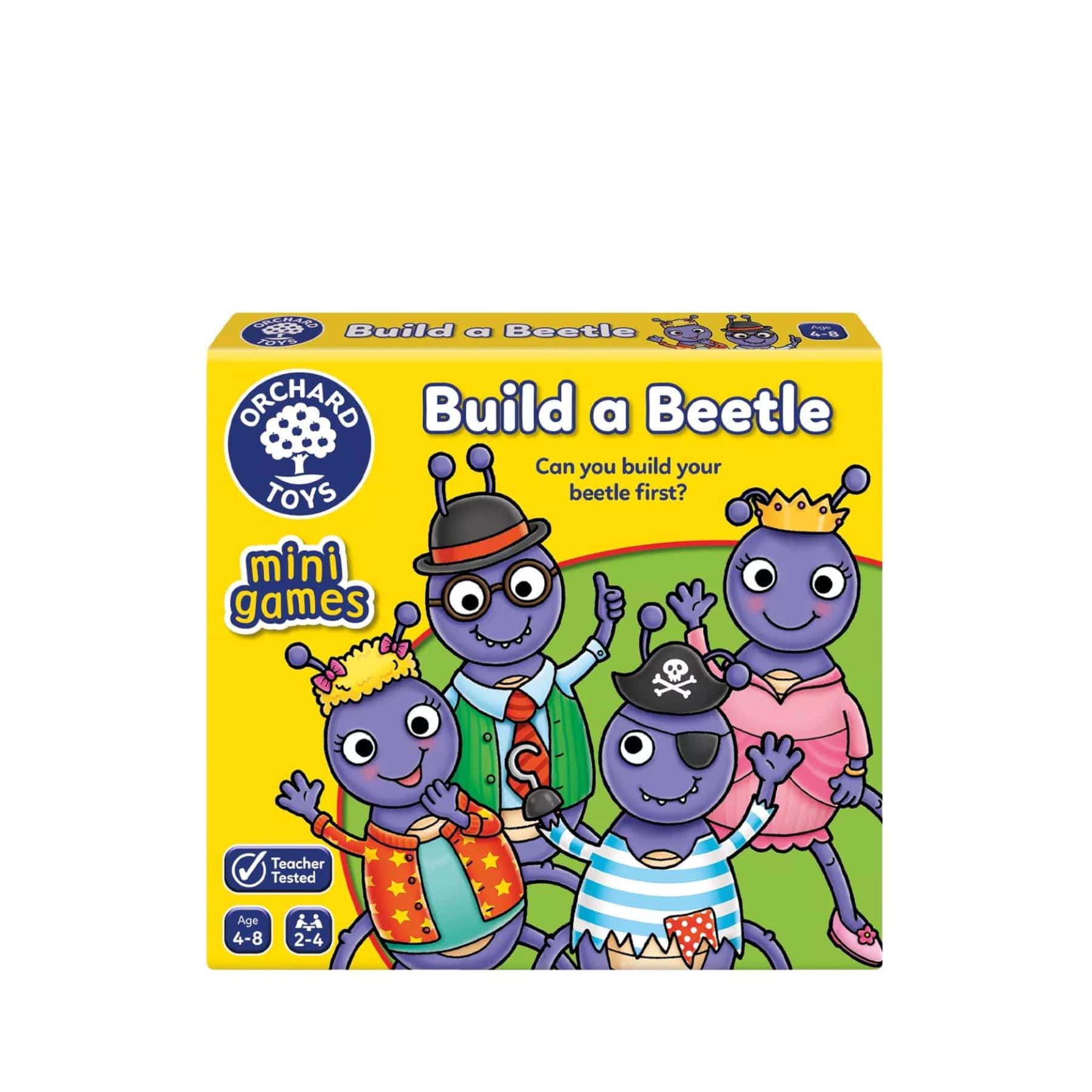 Orchard Toys Build a Beetle board game box with cartoon beetles, educational kids game for ages 4-8.