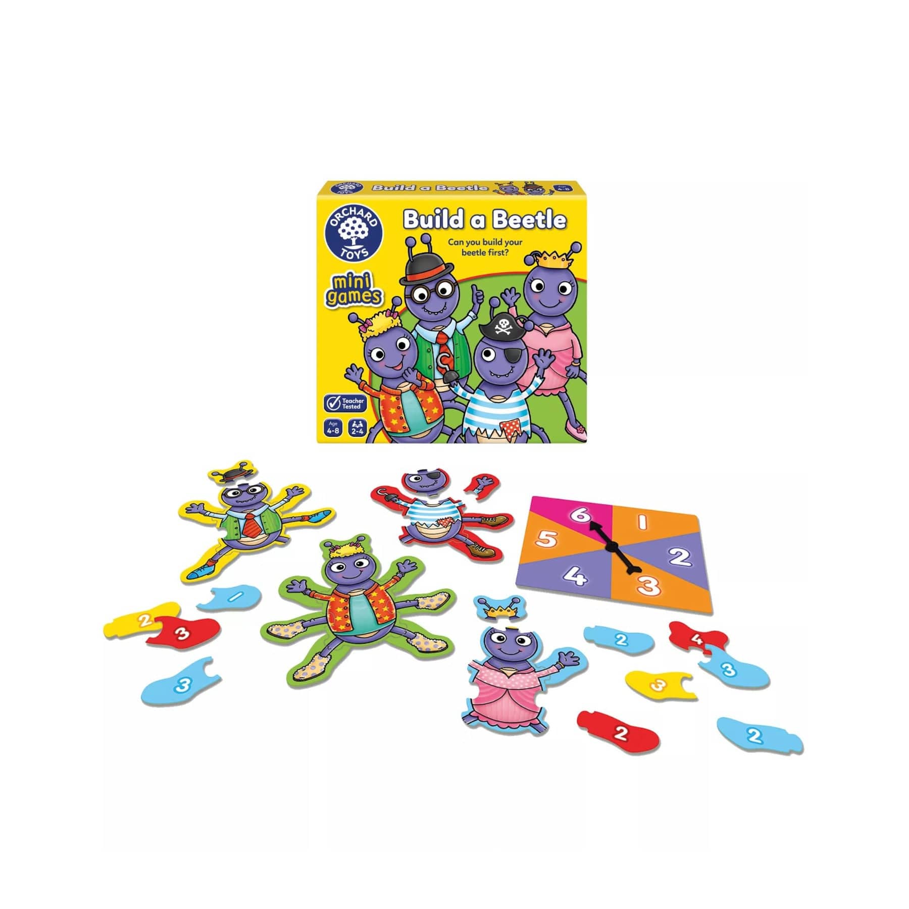 Children's board game Build a Beetle with colorful beetle pieces and number cards spread out on white background