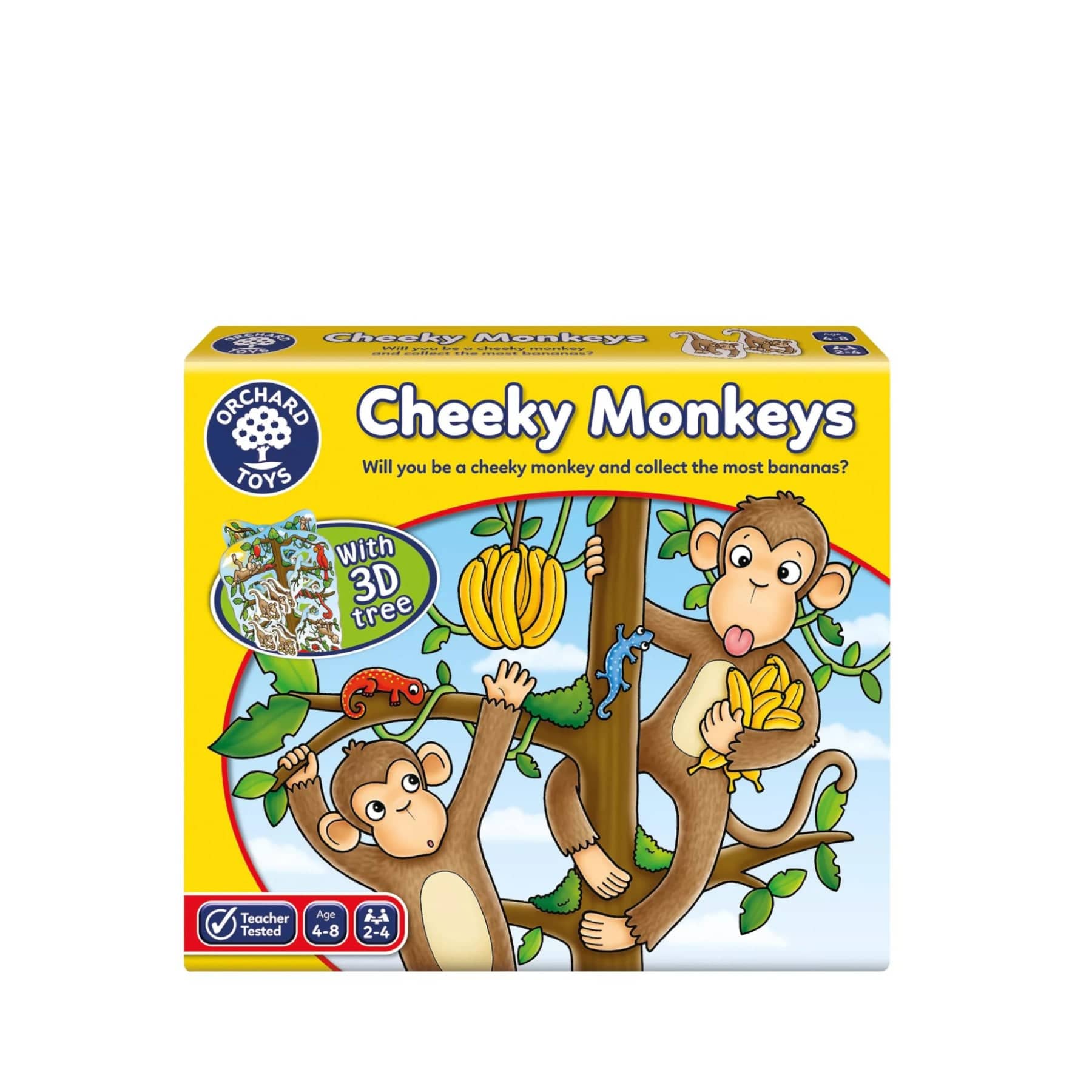 Cheeky Monkeys board game box by Orchard Toys featuring playful monkeys collecting bananas, with a colorful tree illustration, targeted for children ages 4-8