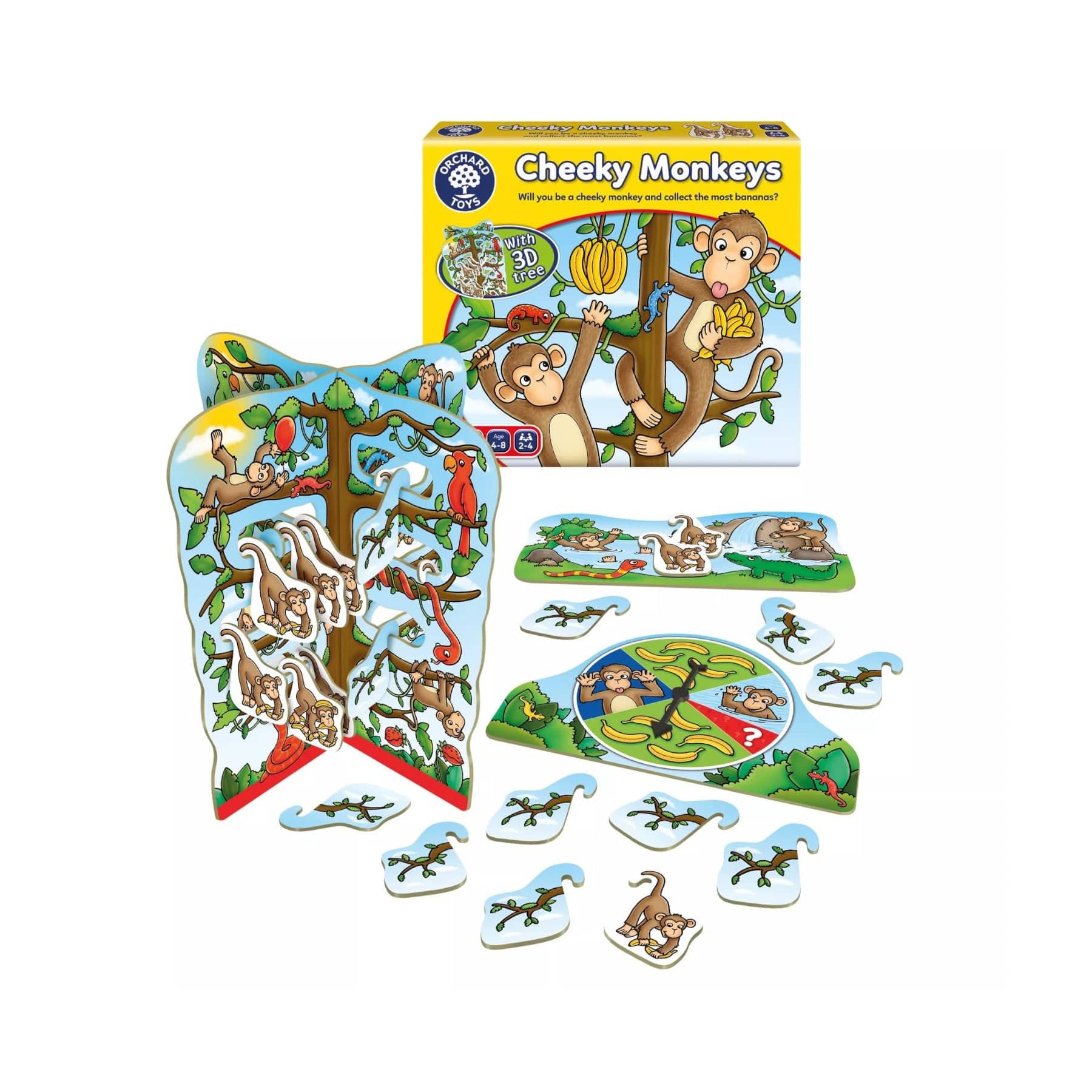 Children's board game "Cheeky Monkeys" with colorful box, illustrated playing pieces, and 3D tree with playful monkeys and bananas design.
