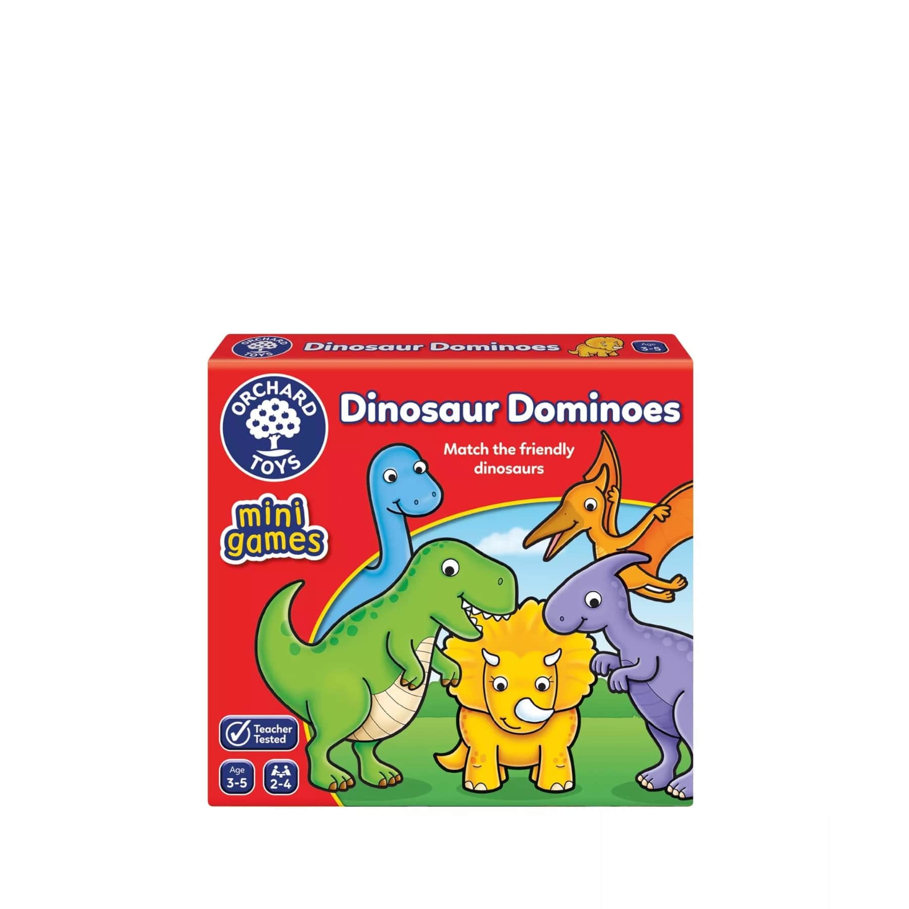 Orchard Toys Dinosaur Dominoes board game for kids, colorful cartoon dinosaurs on game box, children's educational matching game, mini games series, teacher tested, suitable for ages 3-5.