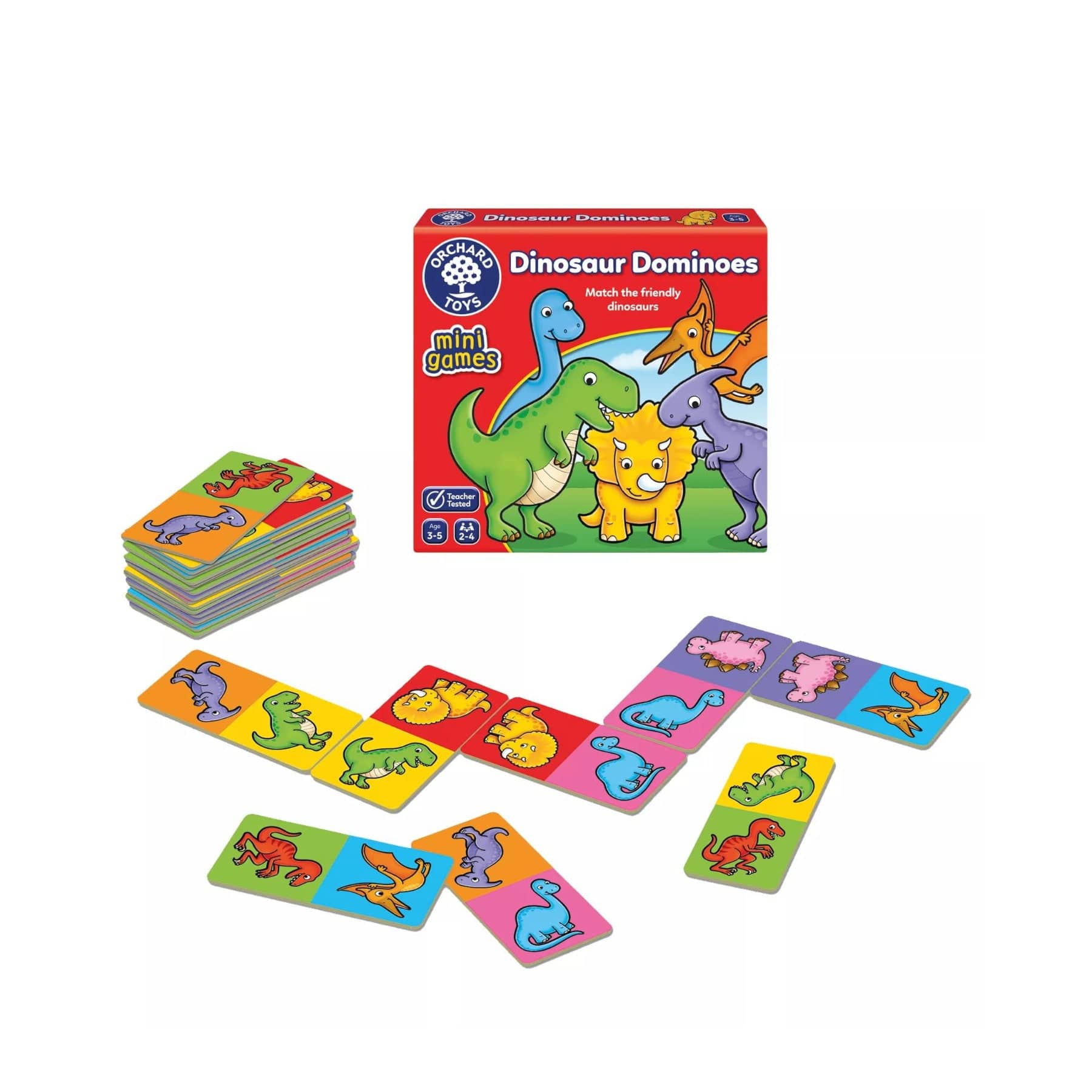 Dinosaur Dominoes game by Orchard Toys for children with colorful illustrated dinosaur cards and game box displayed on white background.