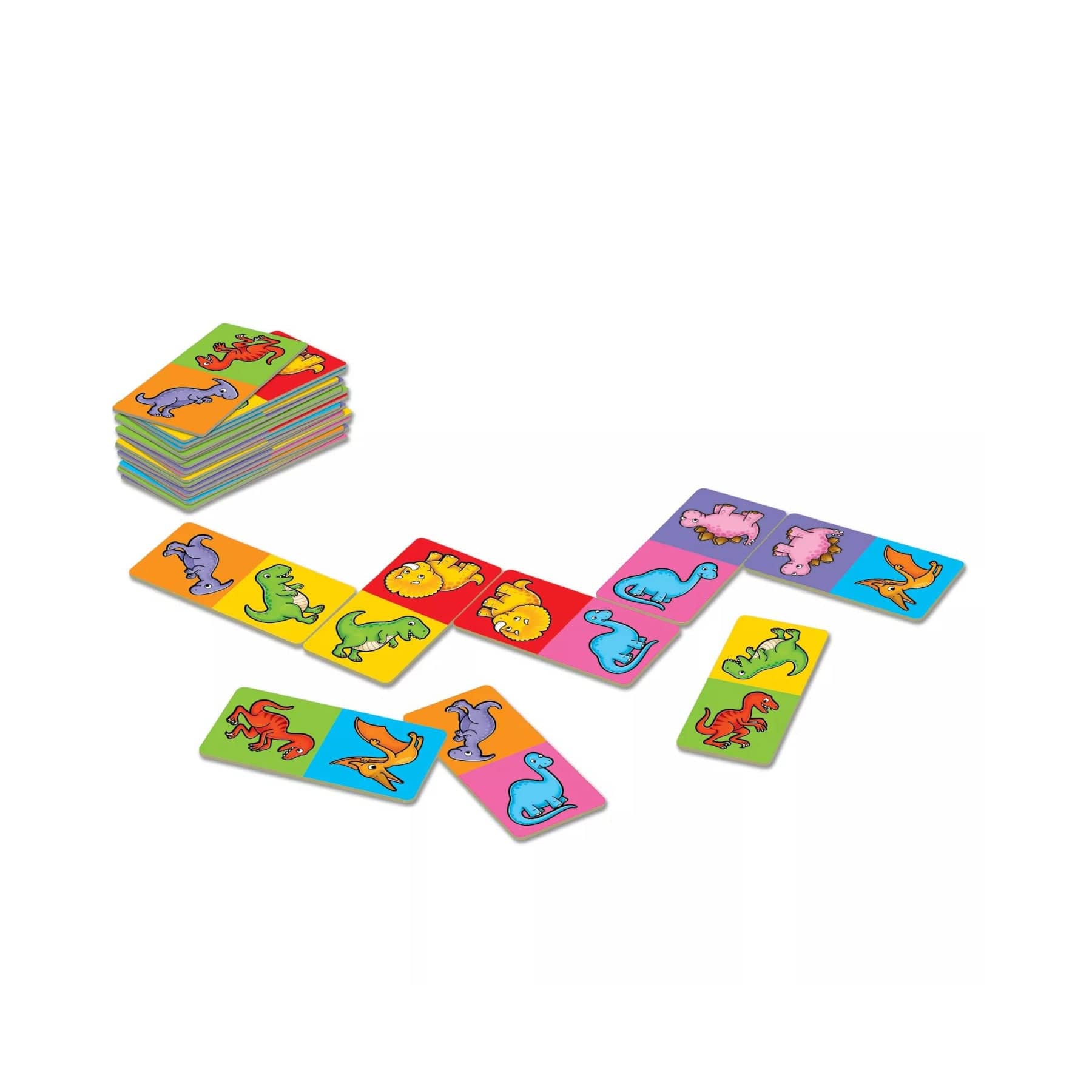 Colorful dinosaur illustrations on memory game cards spread out on white background with a stack of game cards to the side