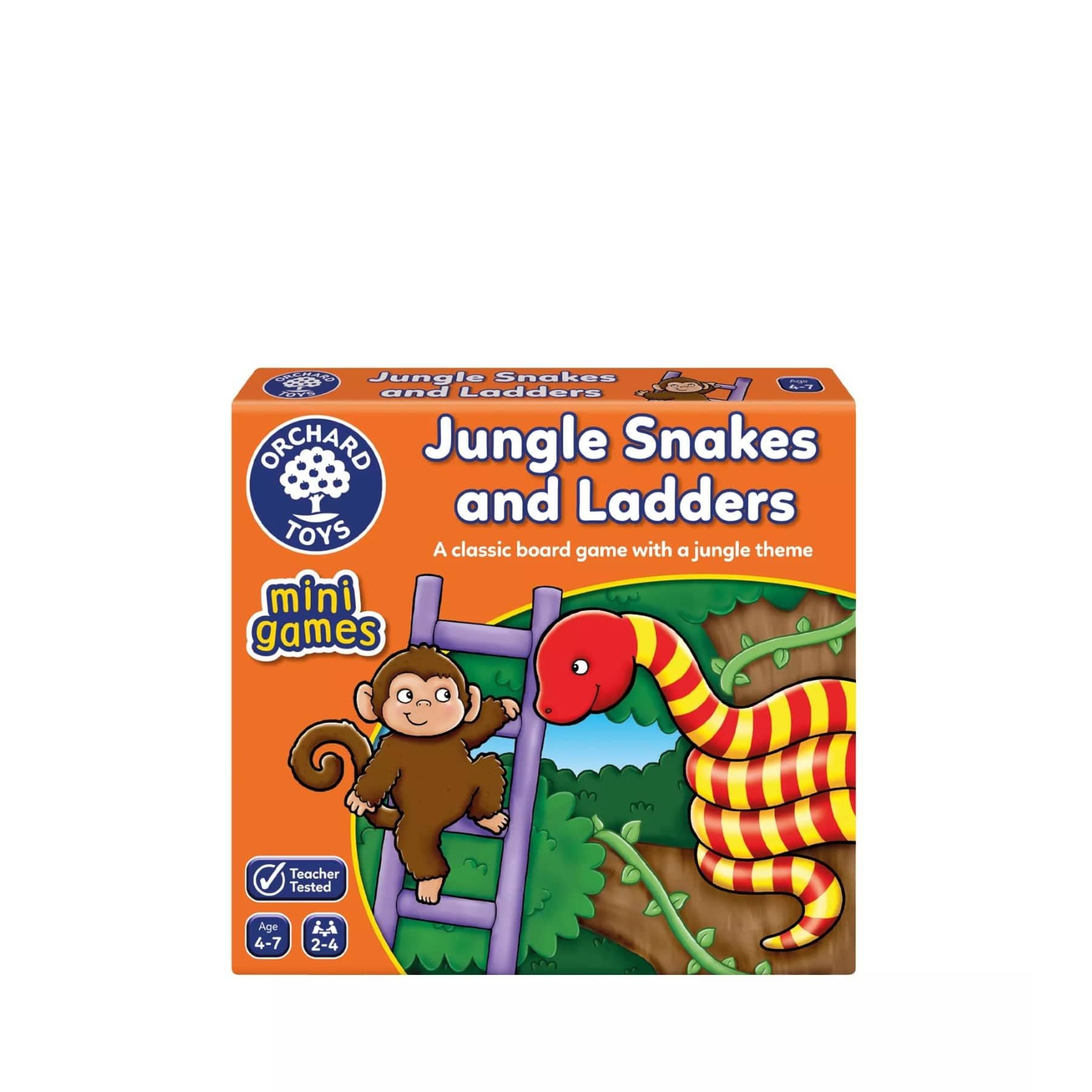 Orchard Toys Jungle Snakes and Ladders board game box featuring colorful cartoon monkey and snakes, children's educational game, ages 4-7, mini games series, teacher tested