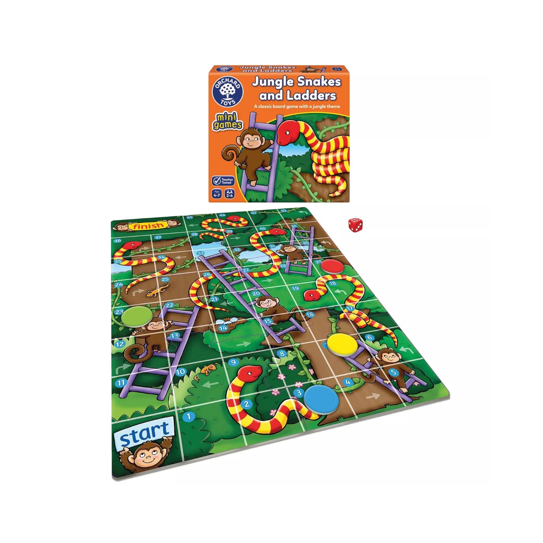 Jungle Snakes and Ladders Board Game Set Up on Table with Die and Game Box, Children's Classic Board Game with Jungle Theme, Colorful Illustration on Game Board with Snakes, Ladders, and Cartoon Monkeys.