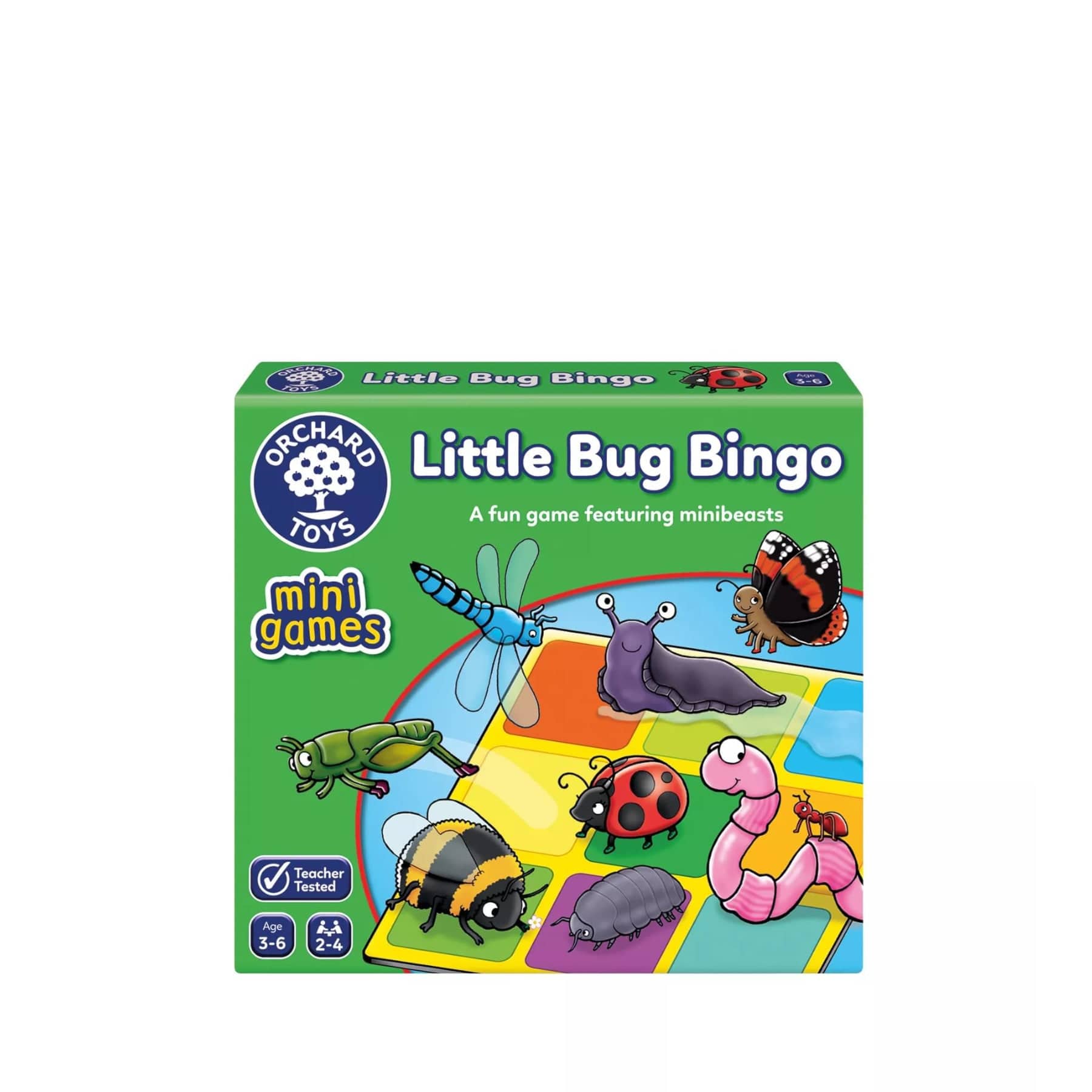 Little Bug Bingo board game by Orchard Toys packaging featuring colorful cartoon insects, educational mini game for children ages 3-6, teacher tested, fun family game with mini beasts design.