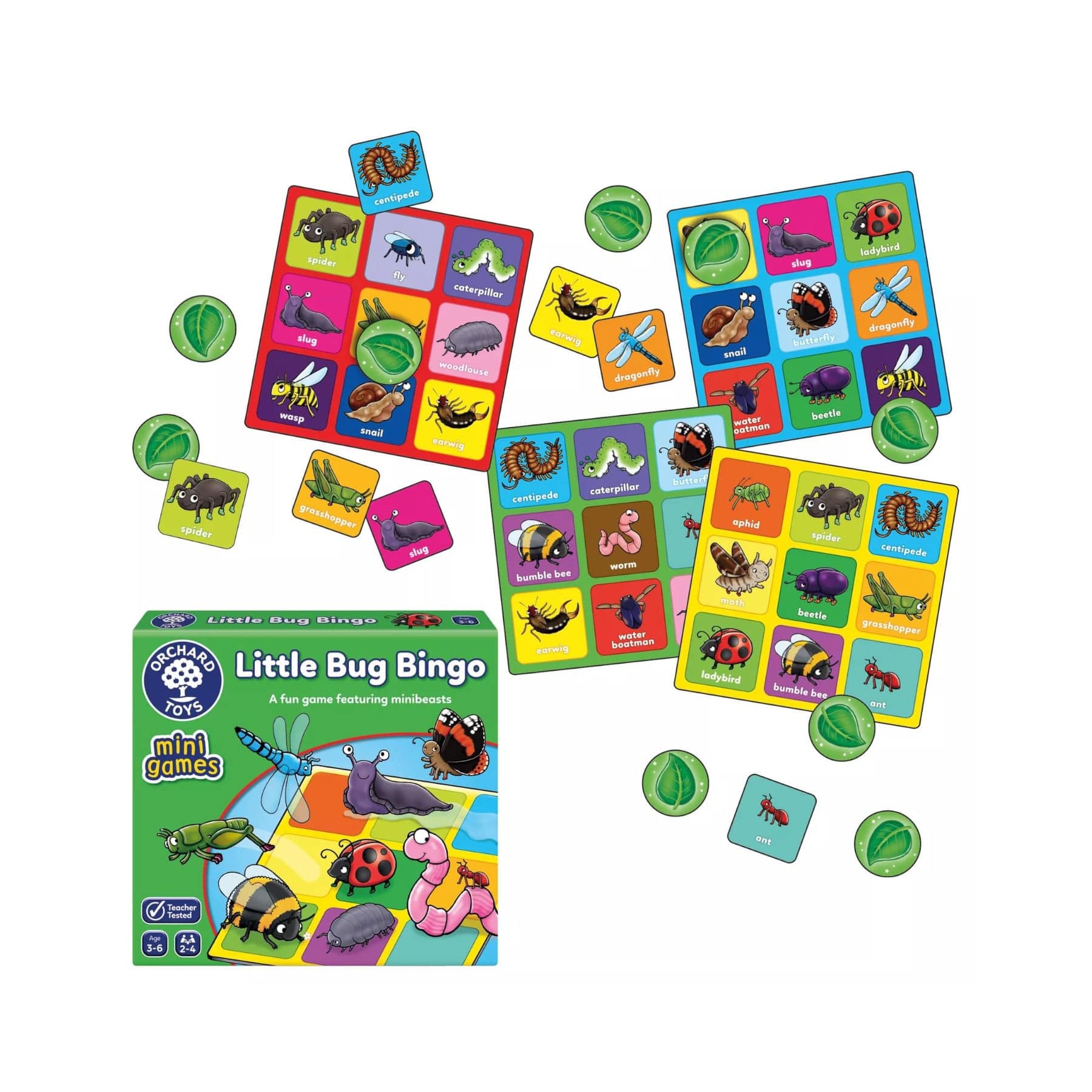 Children's educational game Little Bug Bingo with colorful illustration, insect-themed playing cards, chips, and cartoon bugs including ladybug, centipede, dragonfly, educational toys, engaging family game, Orchard Toys Mini Games series, learning and fun.