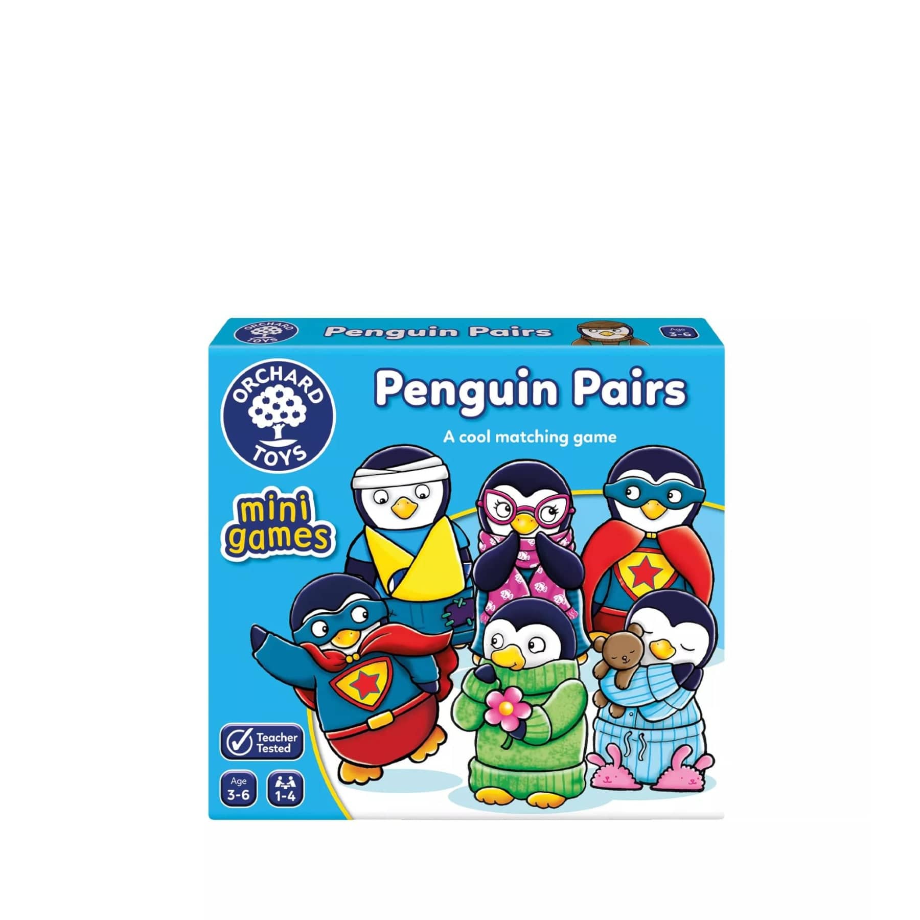Alt text: "Orchard Toys Penguin Pairs mini game box featuring colorful cartoon penguins in various costumes, a memory matching game for ages 3-6, labeled as teacher tested."