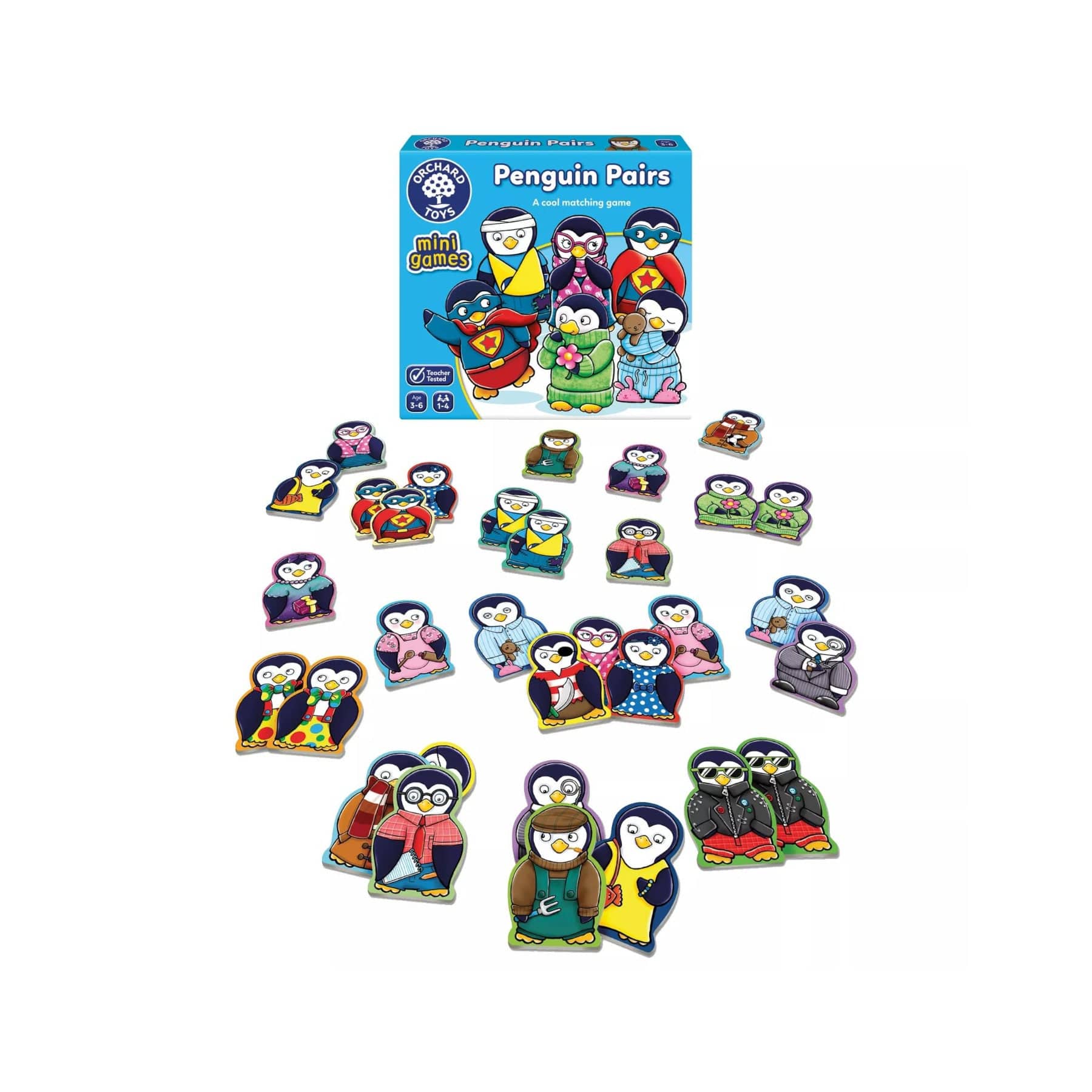 Alt text: Colorful Penguin Pairs board game with cartoon penguin illustrations, spread out matching cards, and game box visible for children's memory game.