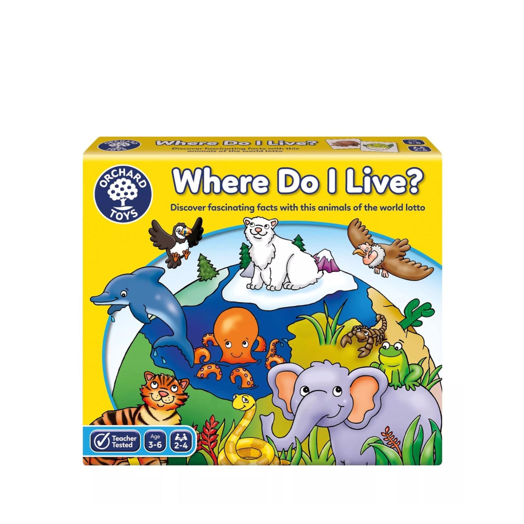 Educational children's board game "Where Do I Live?" by Orchard Toys featuring various animals such as dolphin, polar bear, octopus, tiger, eagle, snake, and elephant in their habitats, for ages 3-6, 2-4 players.