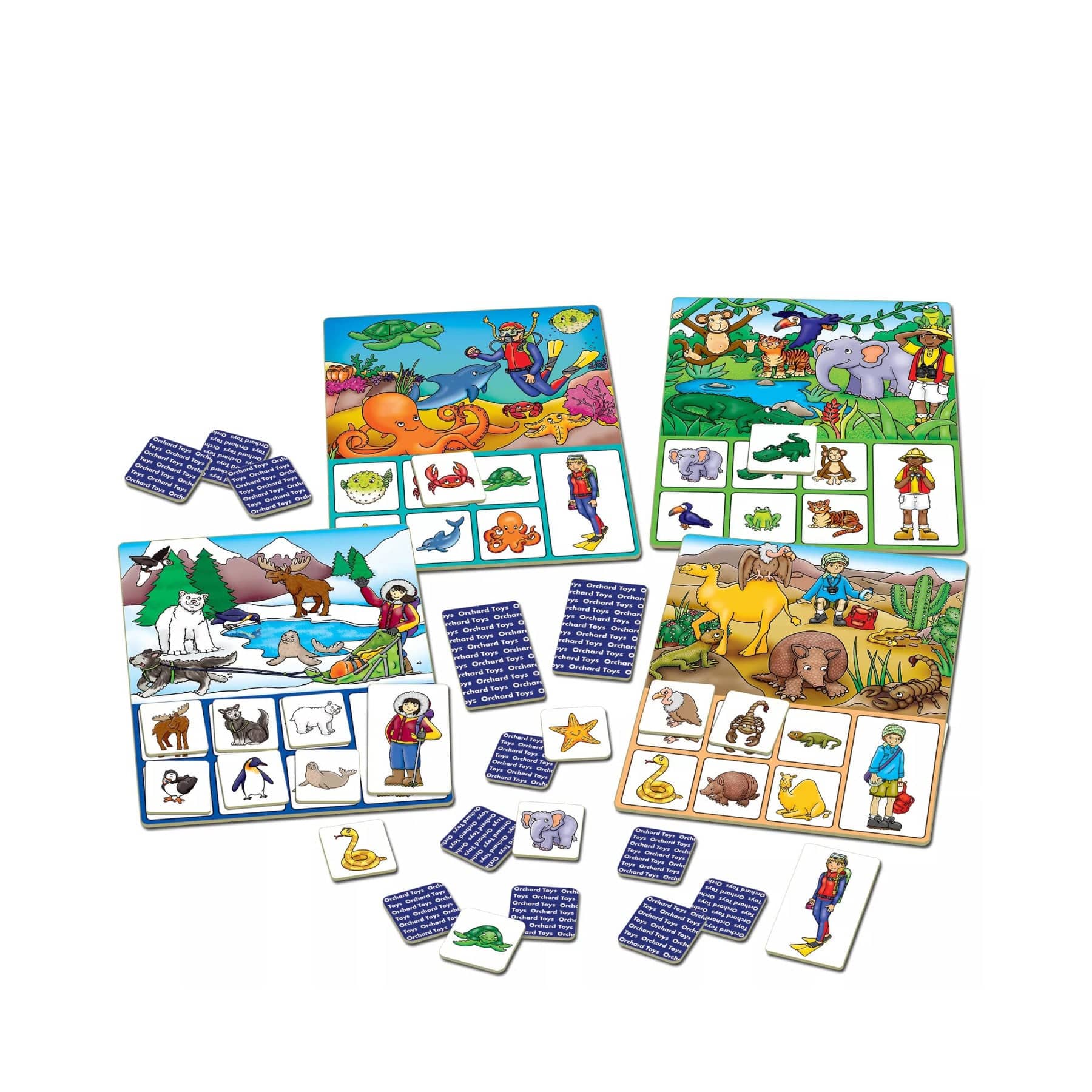 Educational children's board game with colorful illustrations showing animals, habitats, and people, including puzzle pieces and question cards on a white background.