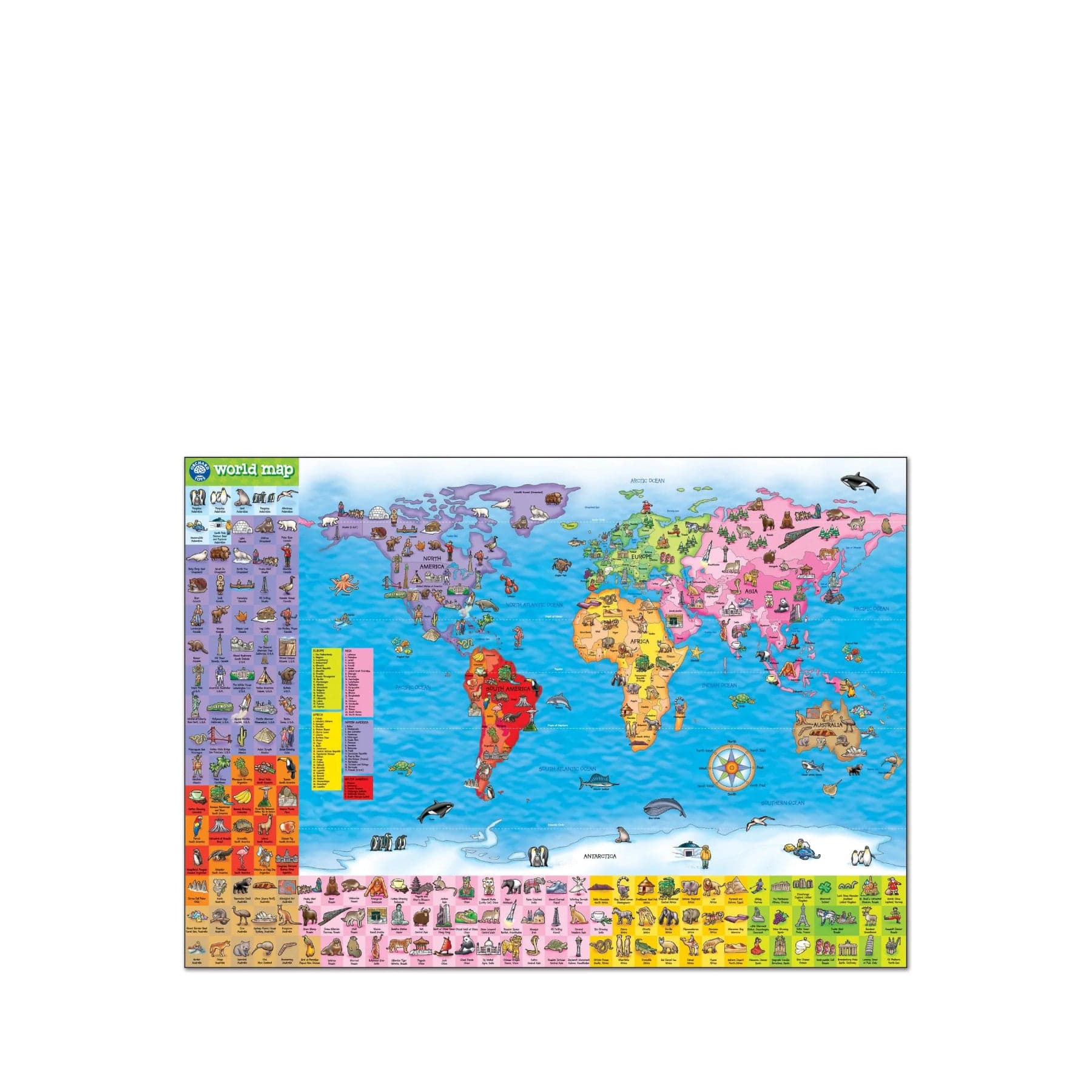 Colorful illustrated world map for children with cartoon animals, landmarks, and cultural representations from various countries, educational tool for geography learning