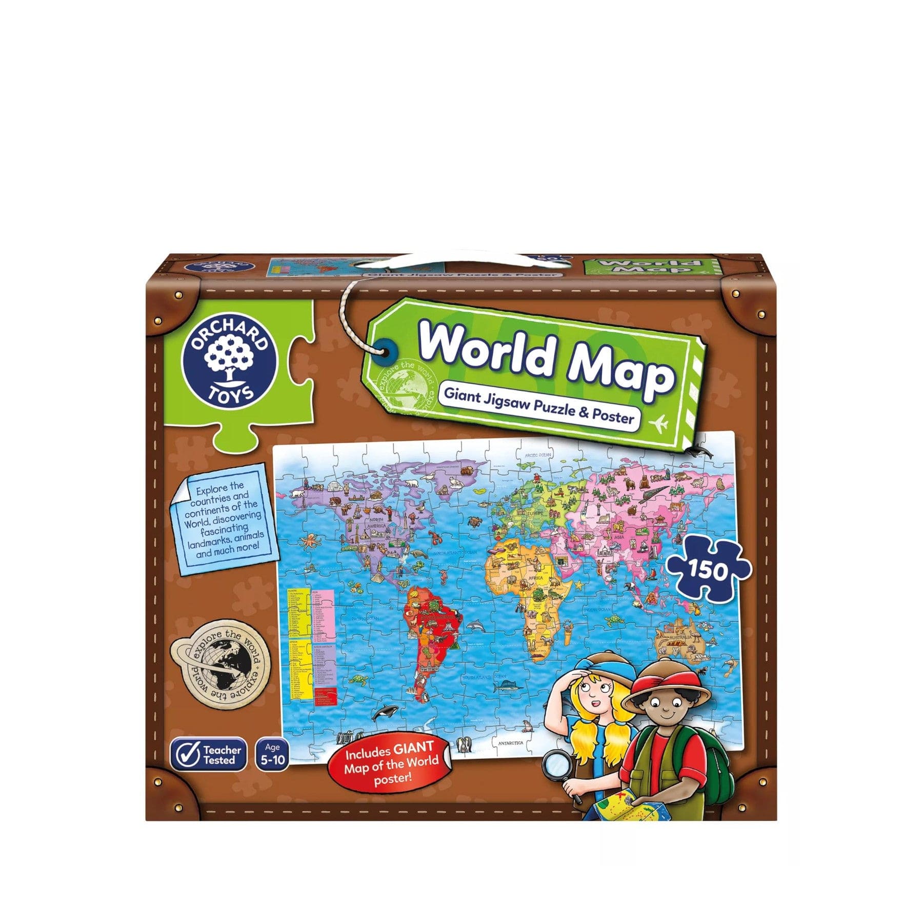Orchard Toys World Map Giant Jigsaw Puzzle and Poster, educational kids toy, illustrated colorful world map, cartoon characters exploring, puzzle pieces, learning tool for children ages 5-10.