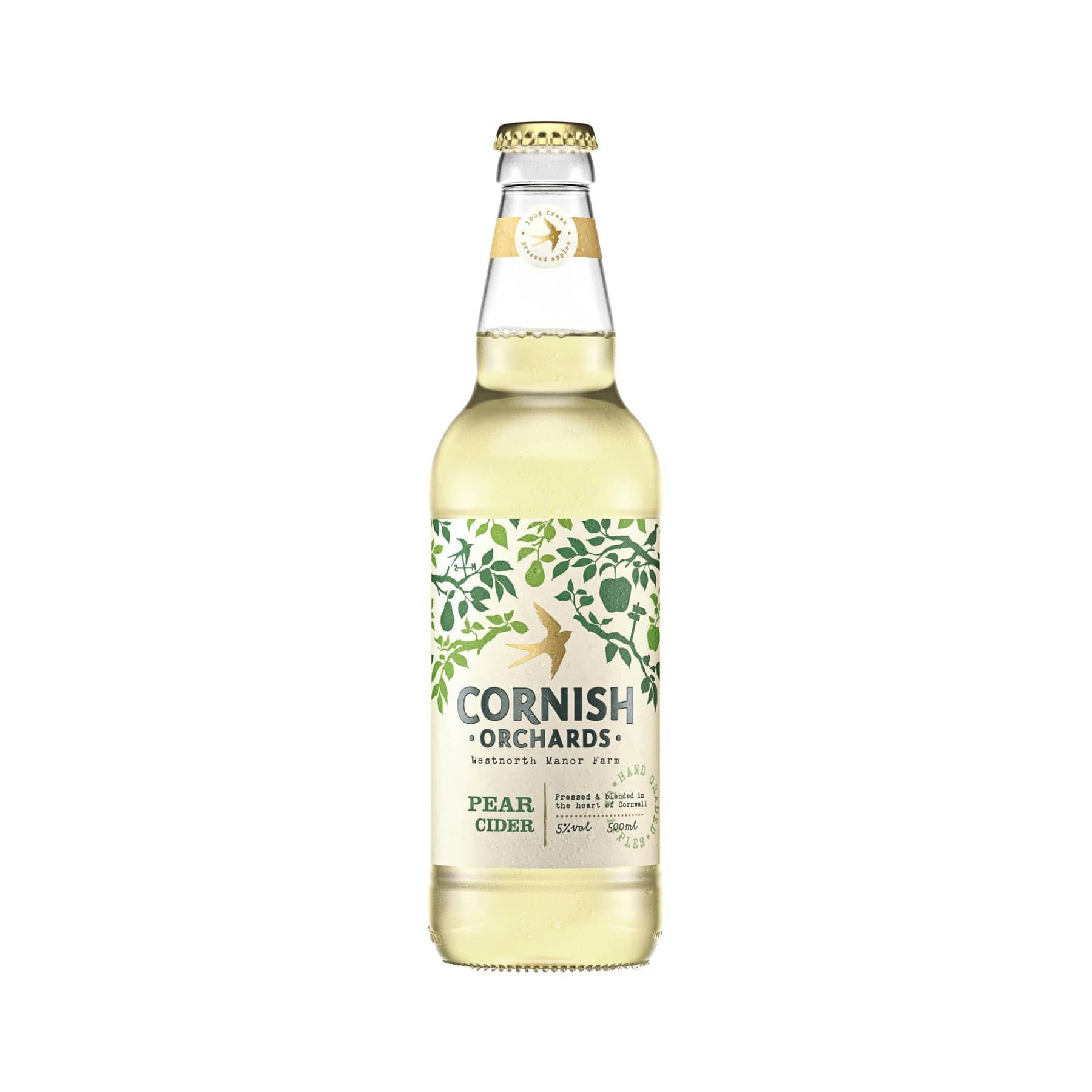 Cornish Orchards Pear Cider bottle with green label, tree and deer illustration, Westnorth Manor Farm info, 5% alcohol volume, refreshing beverage on white background
