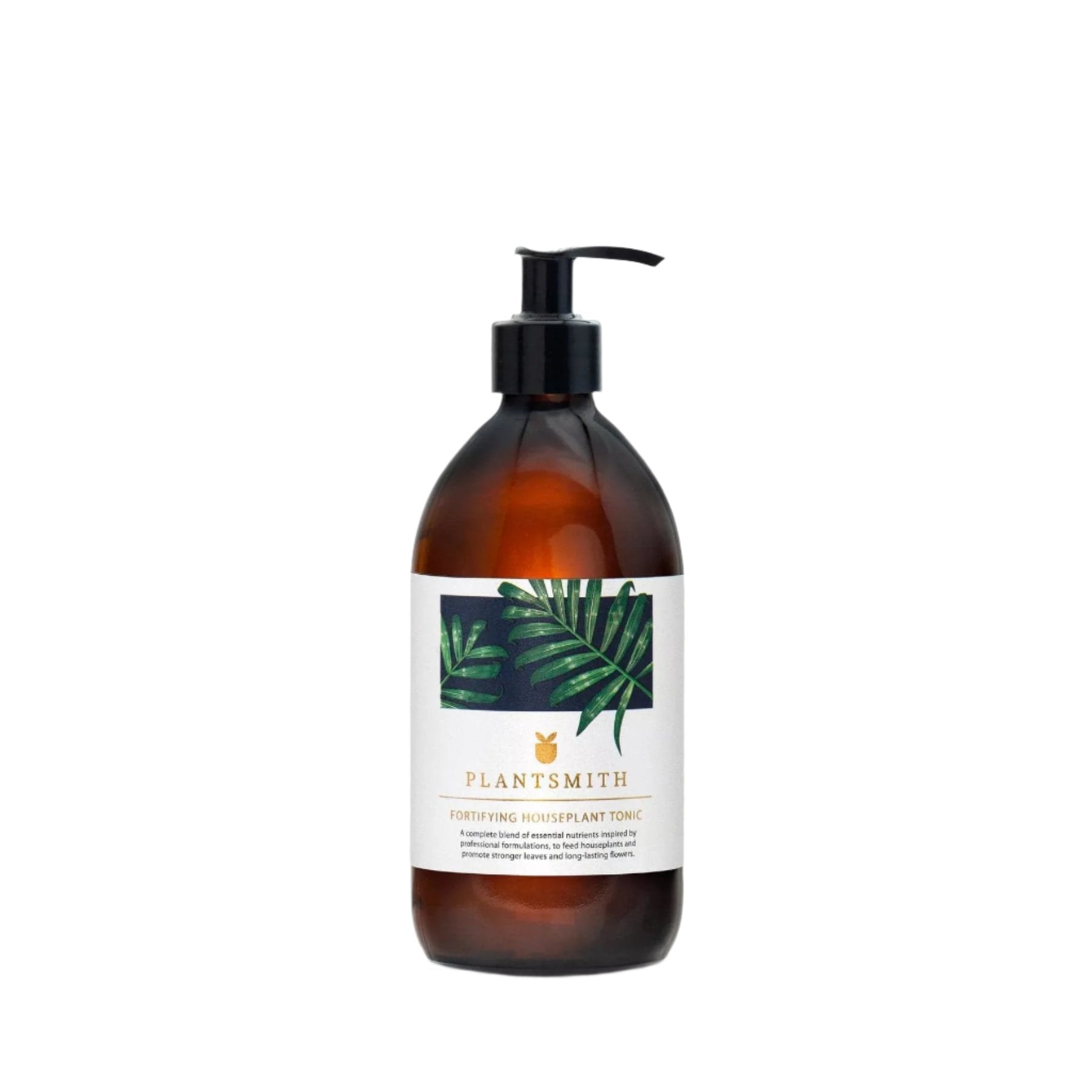 PlantSmith Fortifying Houseplant Tonic bottle with pump dispenser on a white background, organic plant care, indoor gardening essentials, natural foliage enhancer packaging