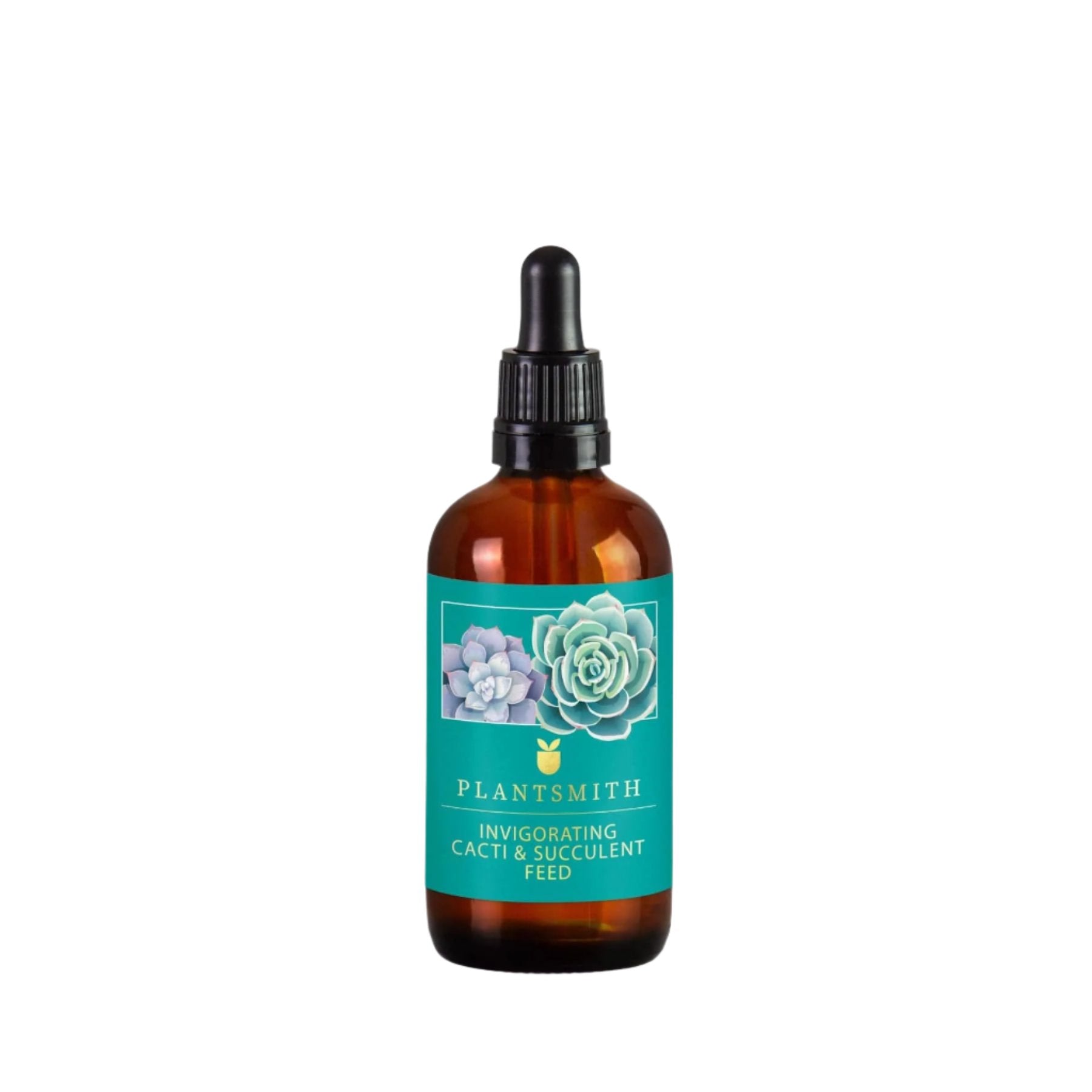 PlantSmith Invigorating Cacti & Succulent Feed in amber dropper bottle with green and blue label featuring succulent illustration on white background.