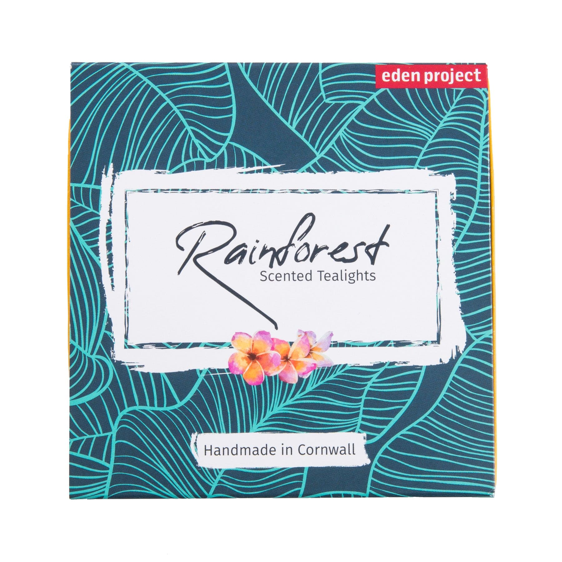Rainforest Scented Tealights packaging by Eden Project with tropical leaf design and handmade in Cornwall label.