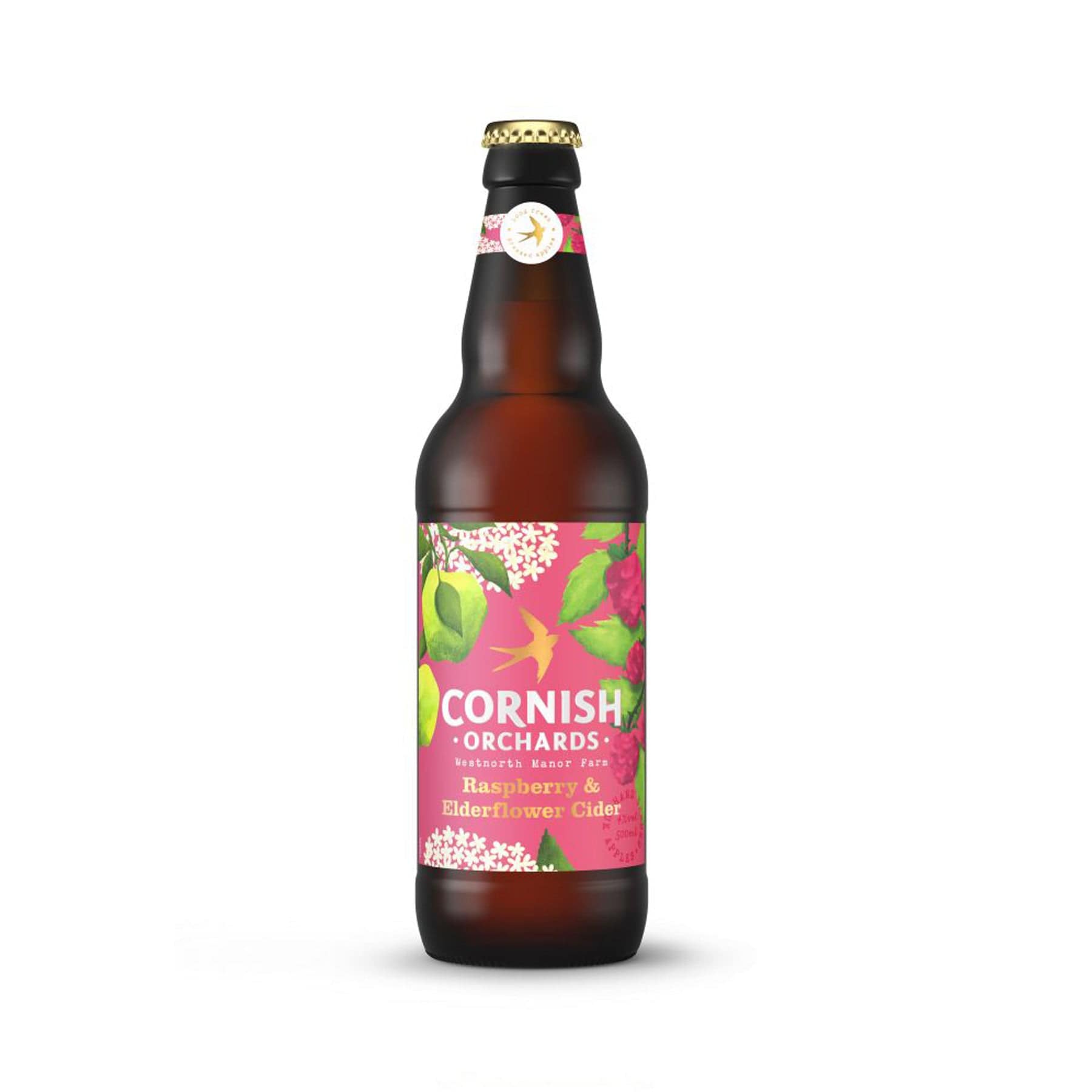Cornish Orchards Raspberry & Elderflower Cider bottle, alcohol beverage, fruity craft cider, pink and green label design, isolated on white background