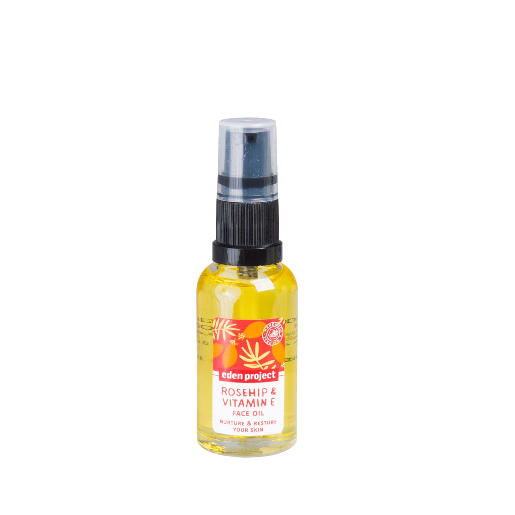 Eden Project Rosehip & Vitamin E face oil bottle with spray nozzle, natural skincare product, nurture and restore your skin, isolated on white background.