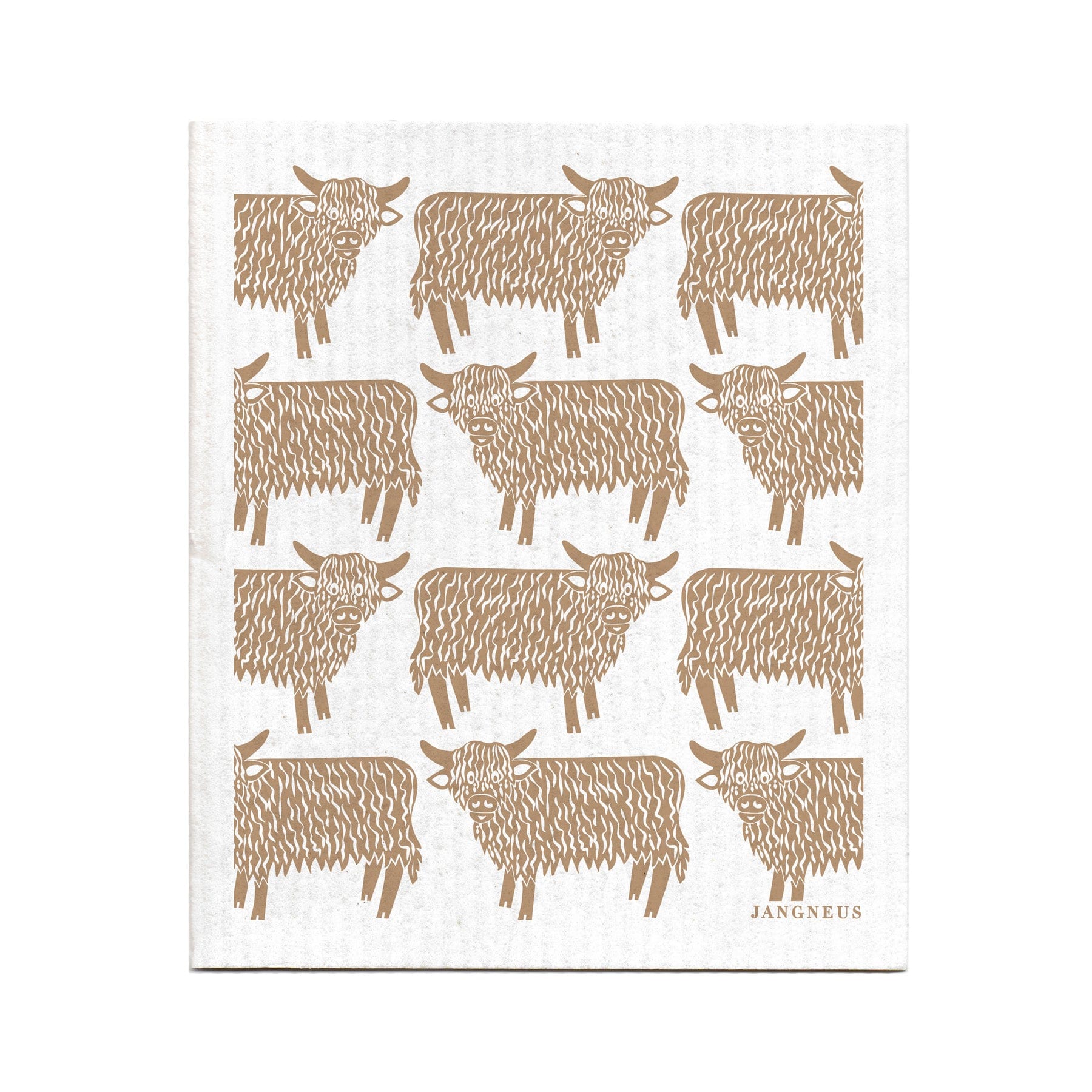 Alt text: Brown and cream illustrated dishcloth pattern featuring multiple stylized yaks, textured design, kitchen textile by JANGNEUS.