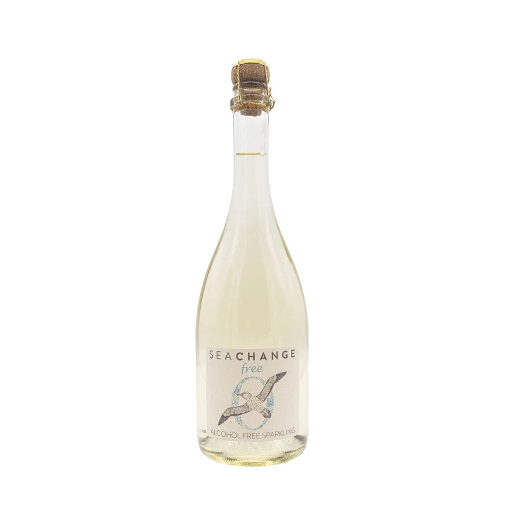 Alt text: Bottle of Seachange Free alcohol-free sparkling wine with a cork and white label featuring a fish illustration on a plain background.