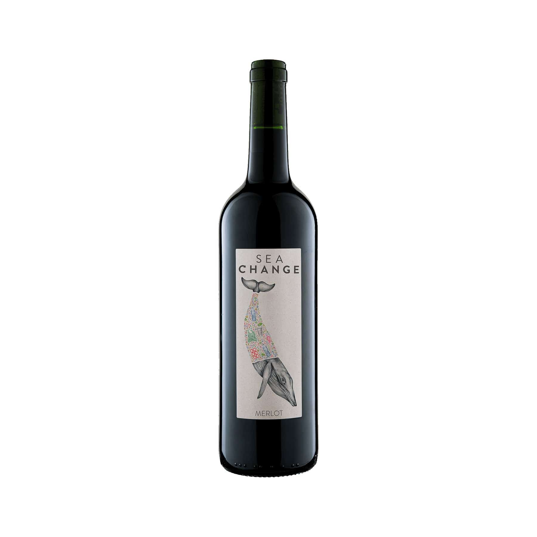 Sea Change Merlot wine bottle with whale label design isolated on white background