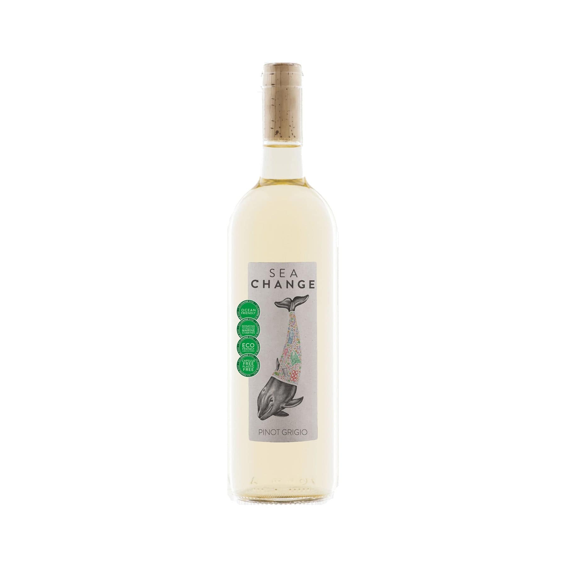 Sea Change Pinot Grigio white wine bottle with eco-friendly seals and whale illustration on label, isolated on white background.