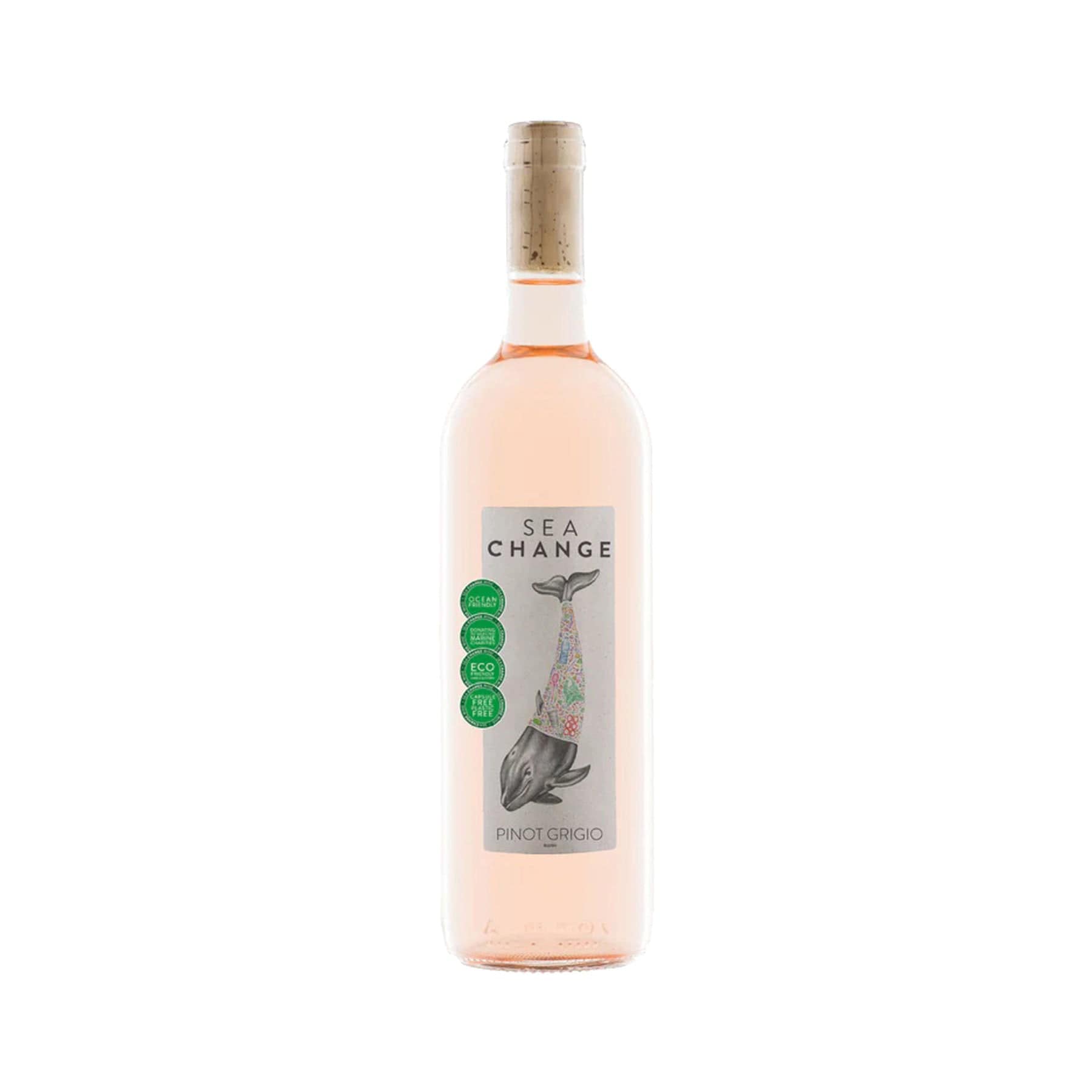 Eco-friendly Sea Change rosé wine bottle, Pinot Grigio variety, with dolphin label design, isolated on white background.