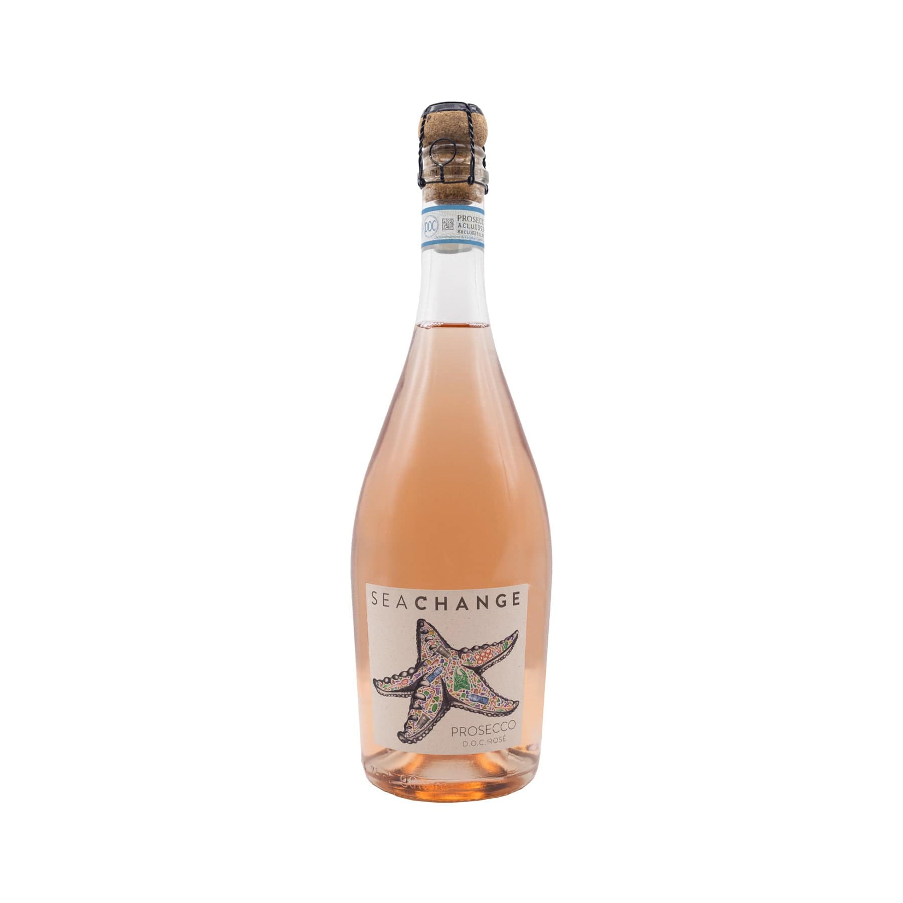 Seachange Prosecco rosé sparkling wine bottle with starfish label, cork sealed, isolated on white background